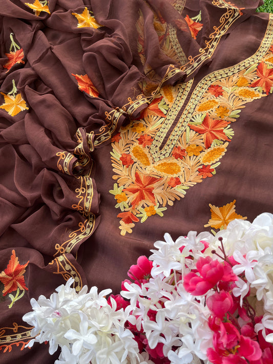 Chocolate Brown Opada Silk Aari Embroidered Suit material