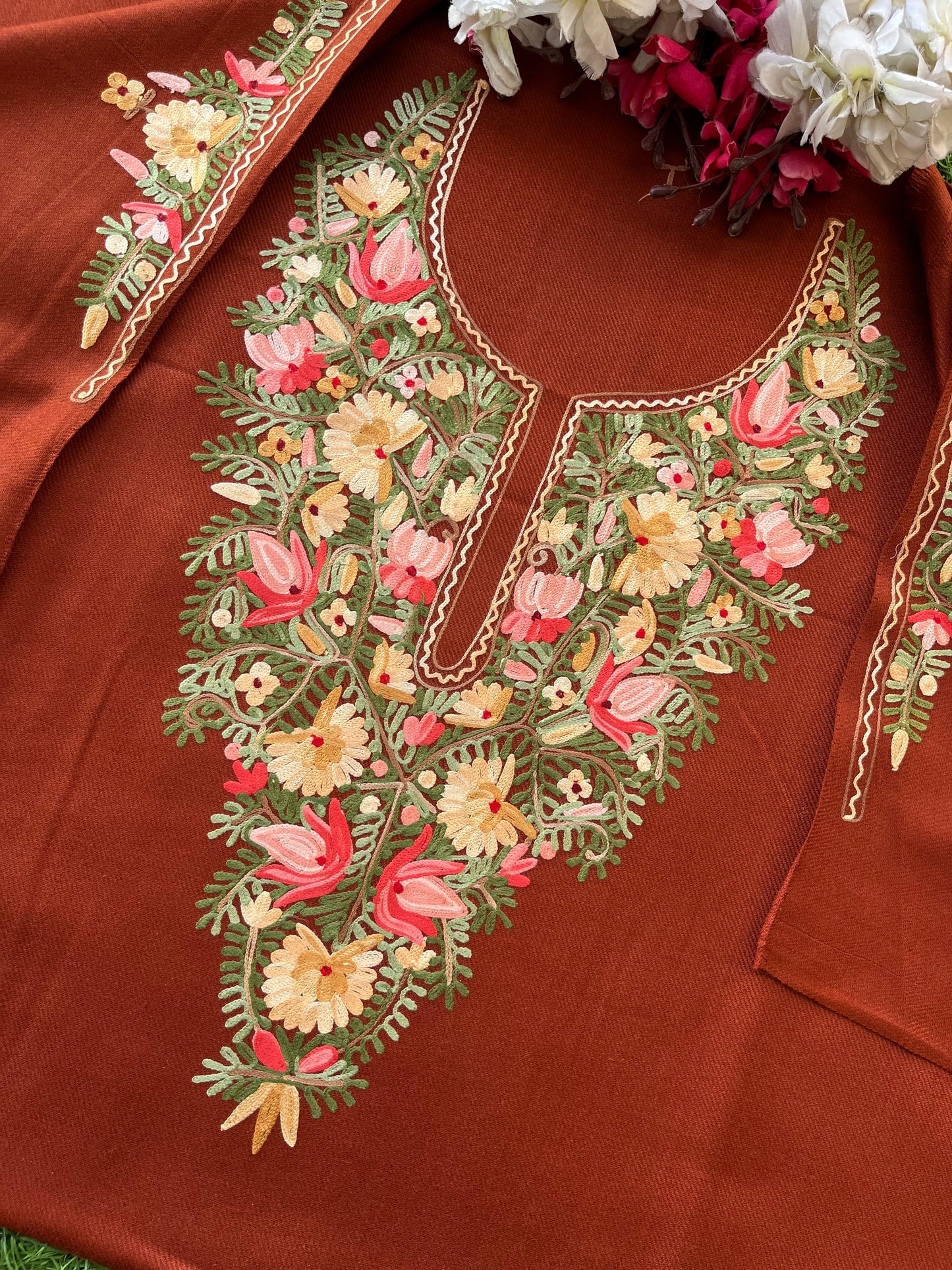 Rust Orange Woollen Aari Embroidered 2pc suit 5mtr