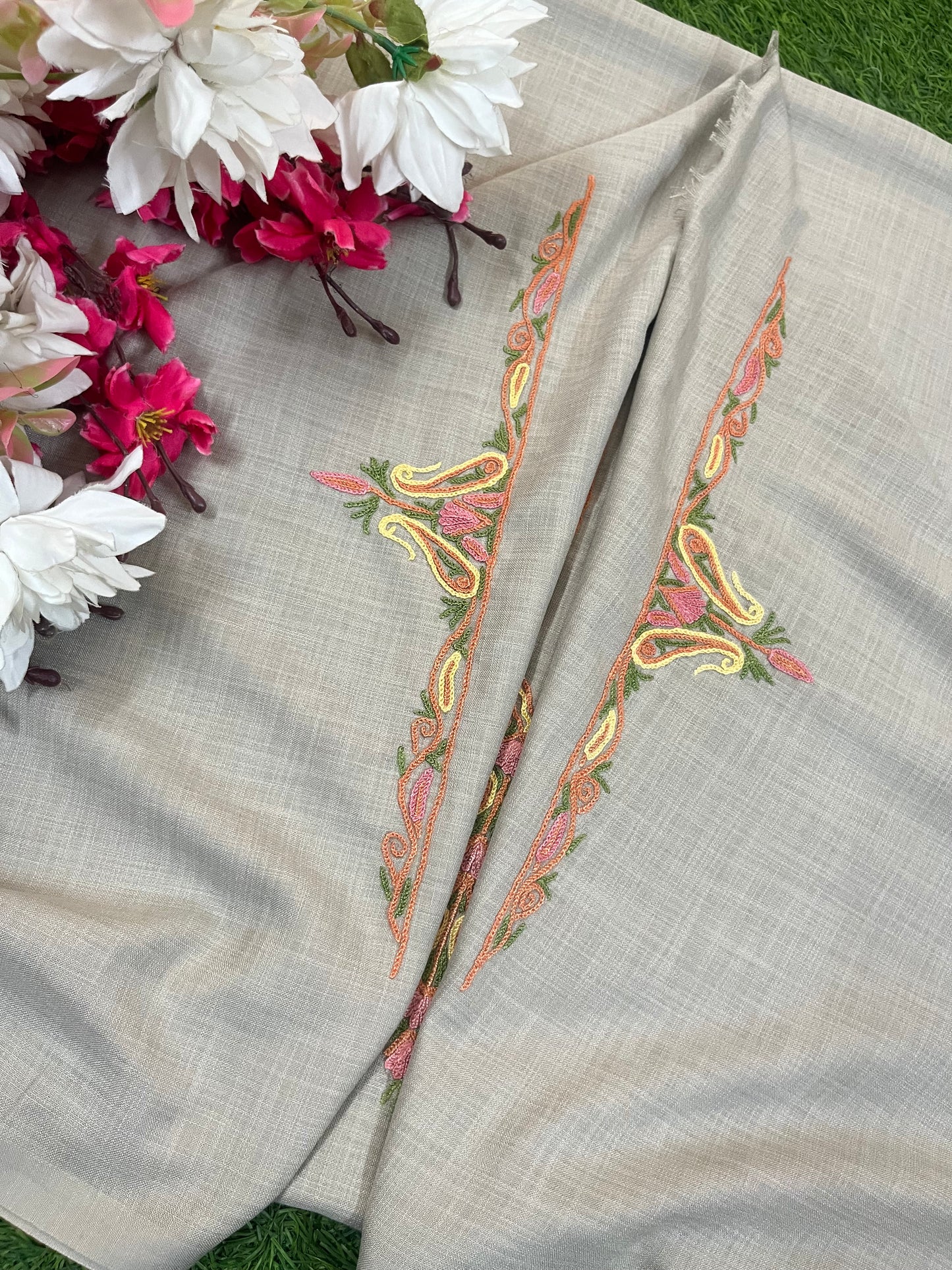 Beige Cotton Two Piece Suit (Hand Embroidered)