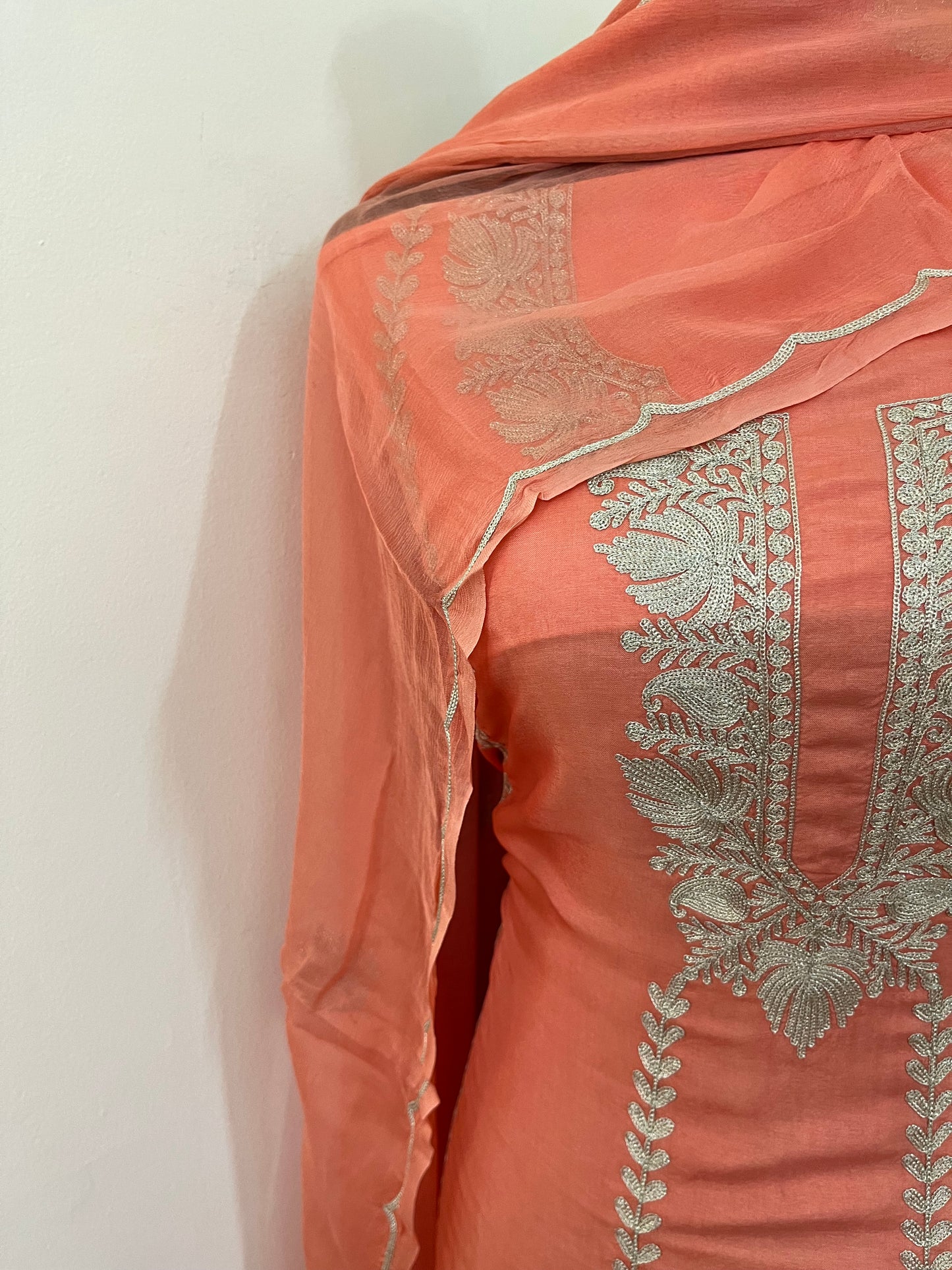 Sanam’ Peach Silk Tilla Embroidered Suit material