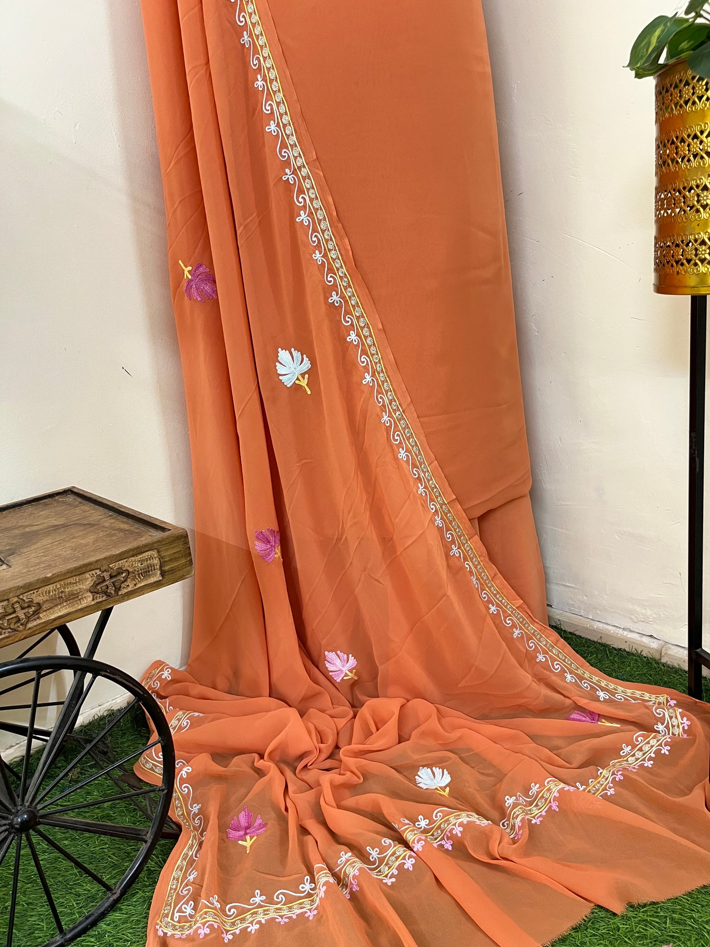 Soft Orange Georgette 3 Pc Aari Embroidered Suit Set
