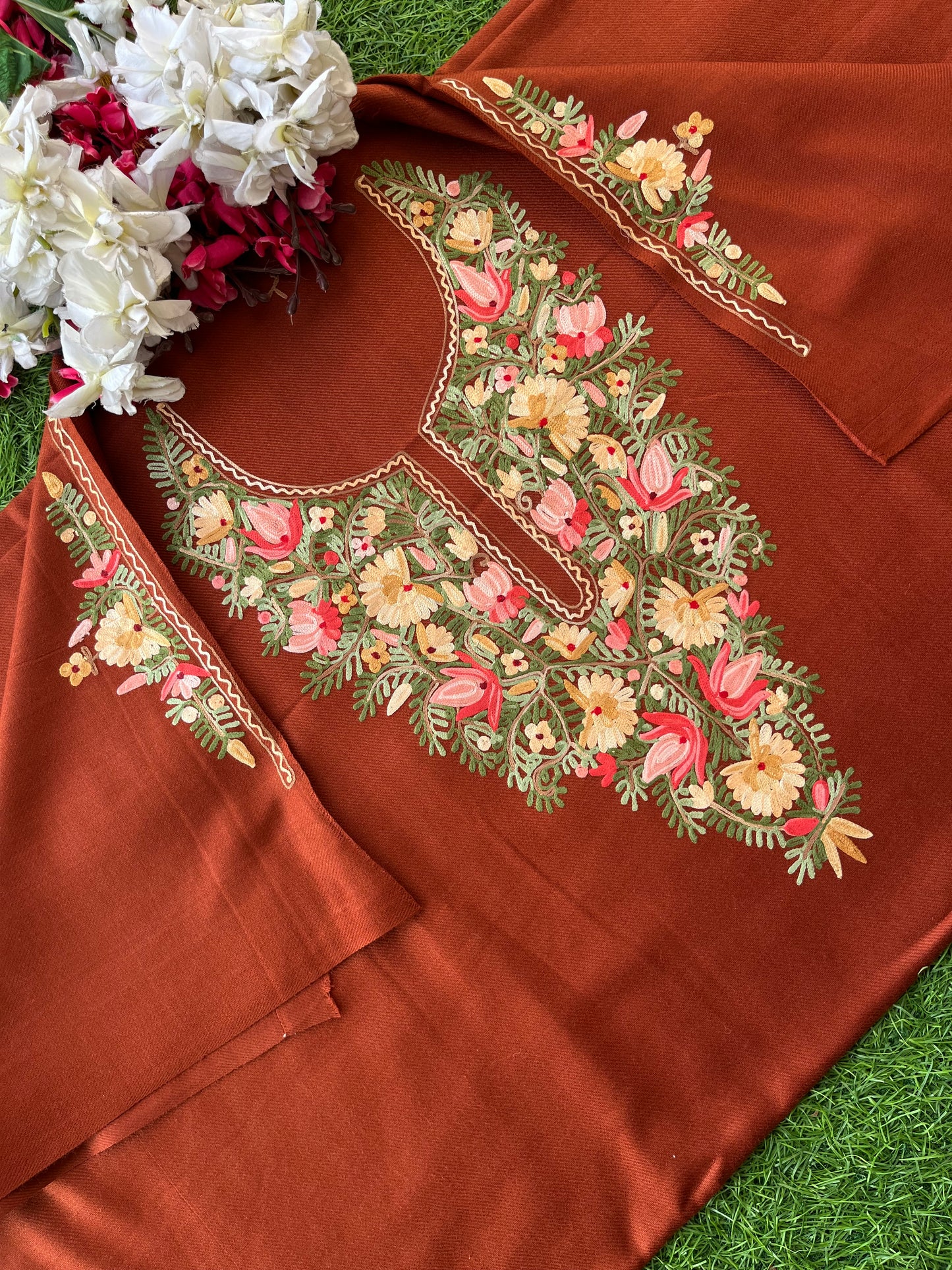 Rust Orange Woollen Aari Embroidered 2pc suit 5mtr
