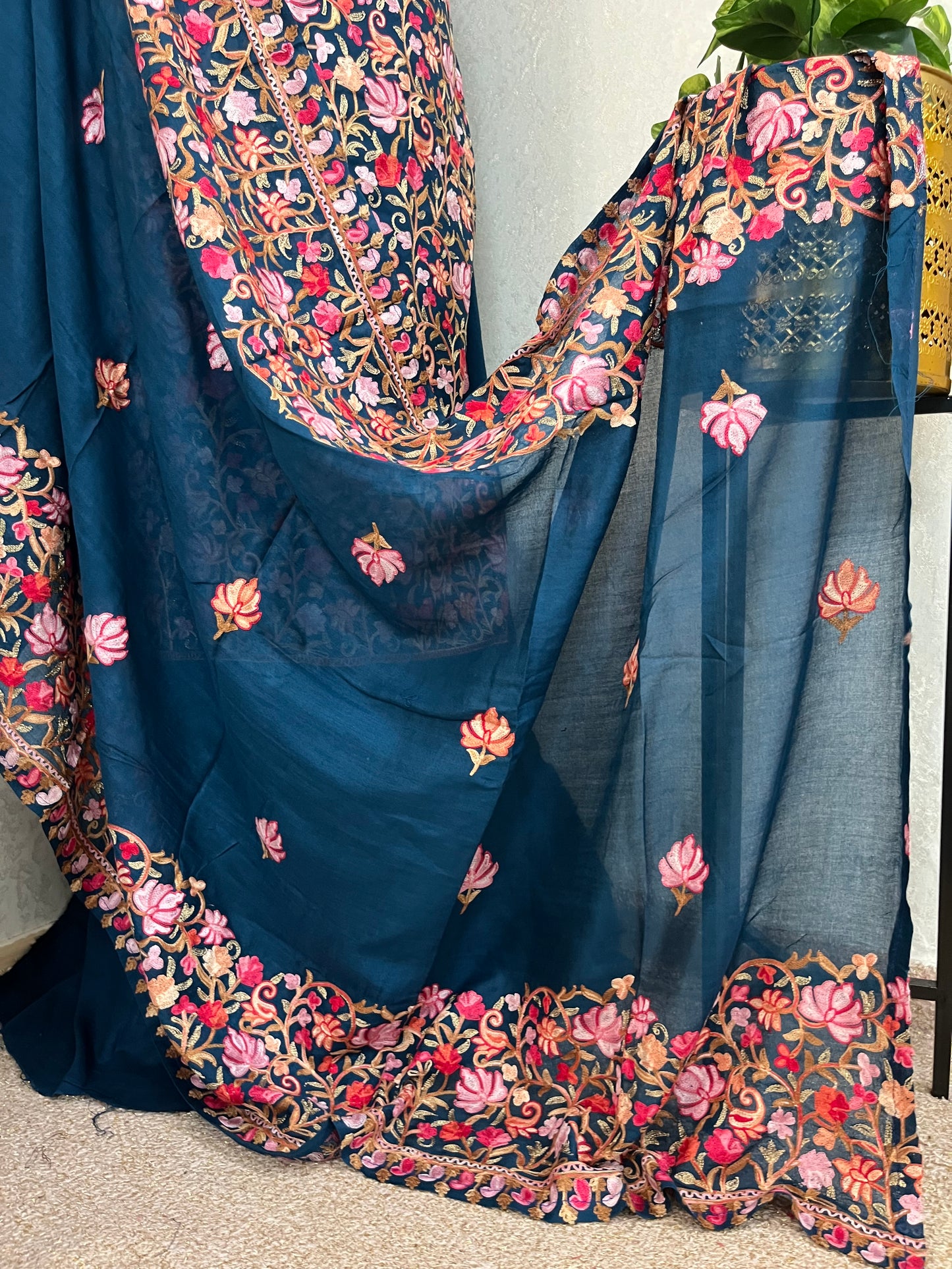 Peacock Blue Cotton Kashmiri Suit