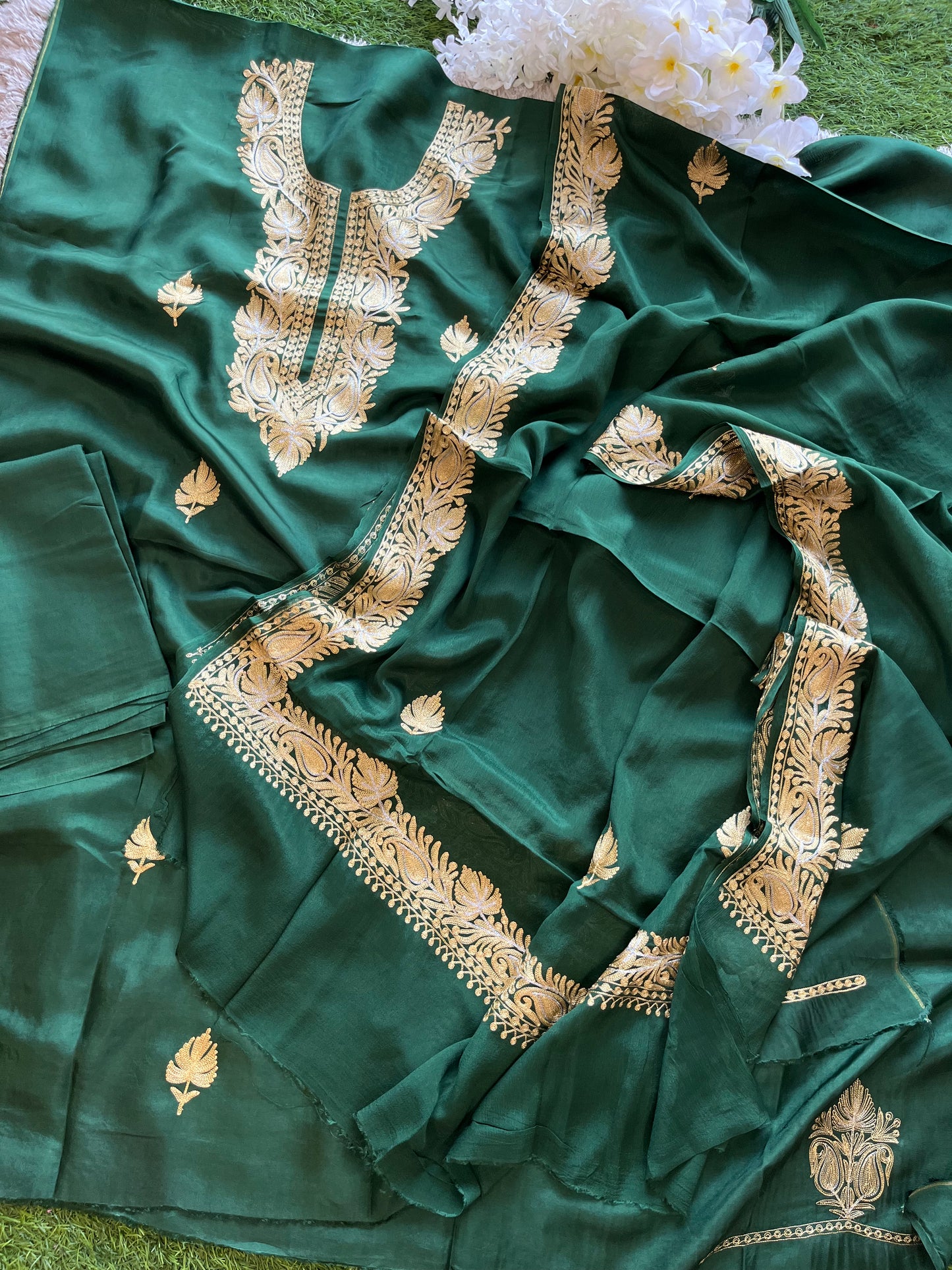 ‘Kalaa’ Forest Green Opada Silk Tilla Embroidered Suit material (on order)