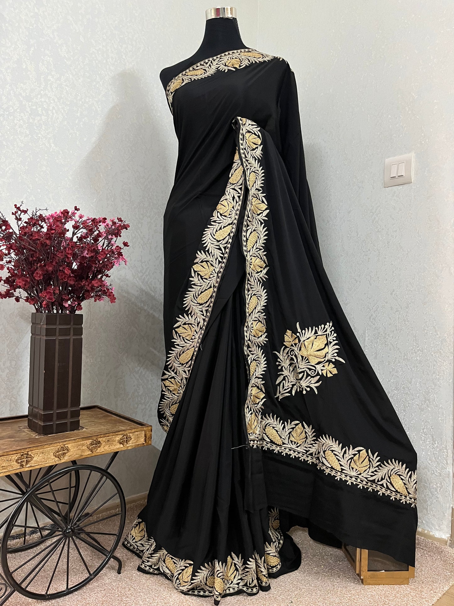 Black Crape Kashmiri Saree