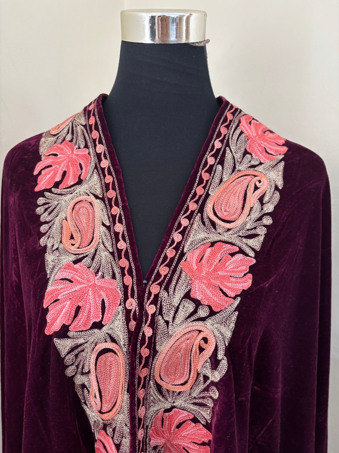 Wine Aari Embroidered Velvet Cape