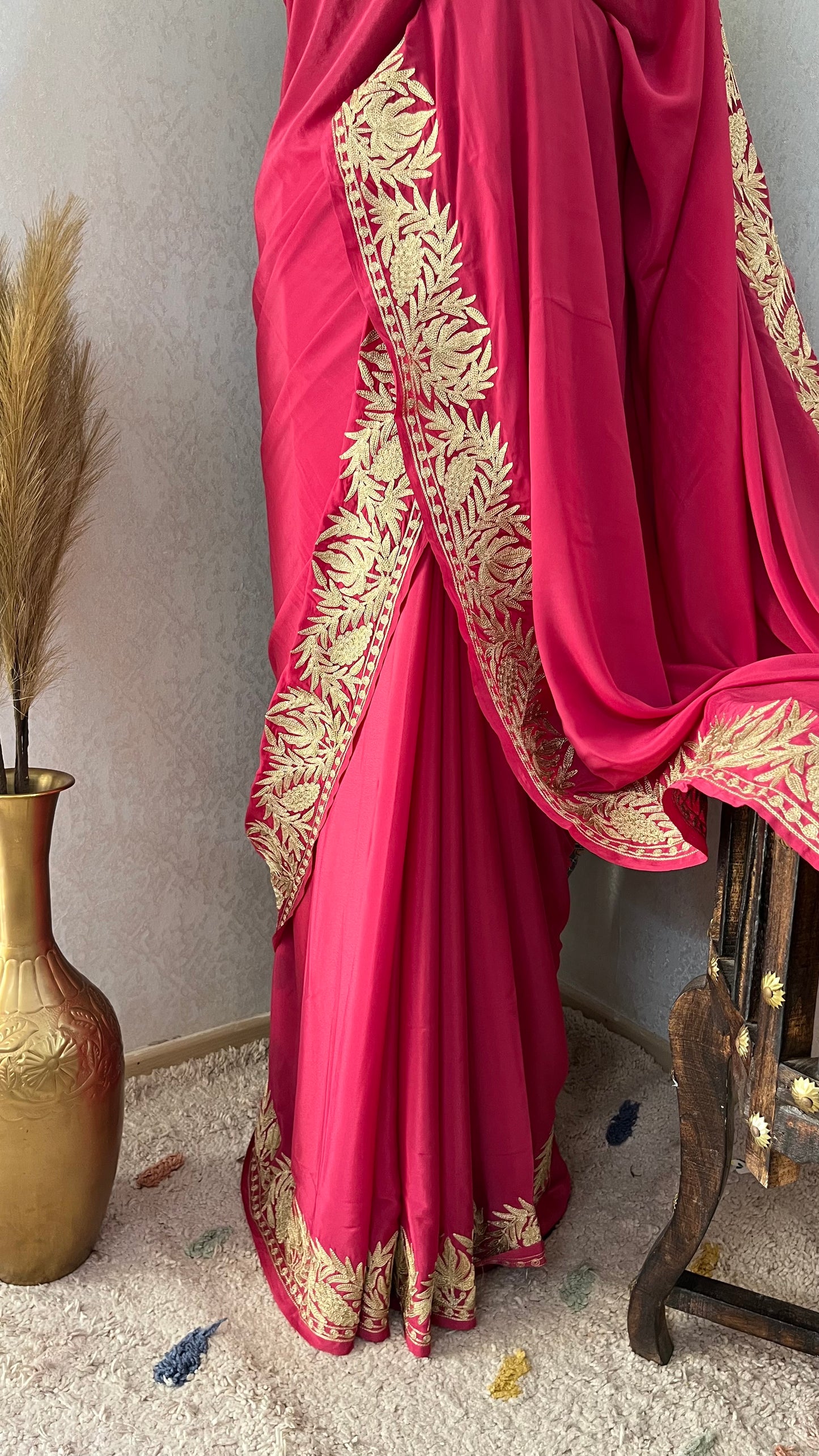 Pink Crape Kashmiri Tilla Saree