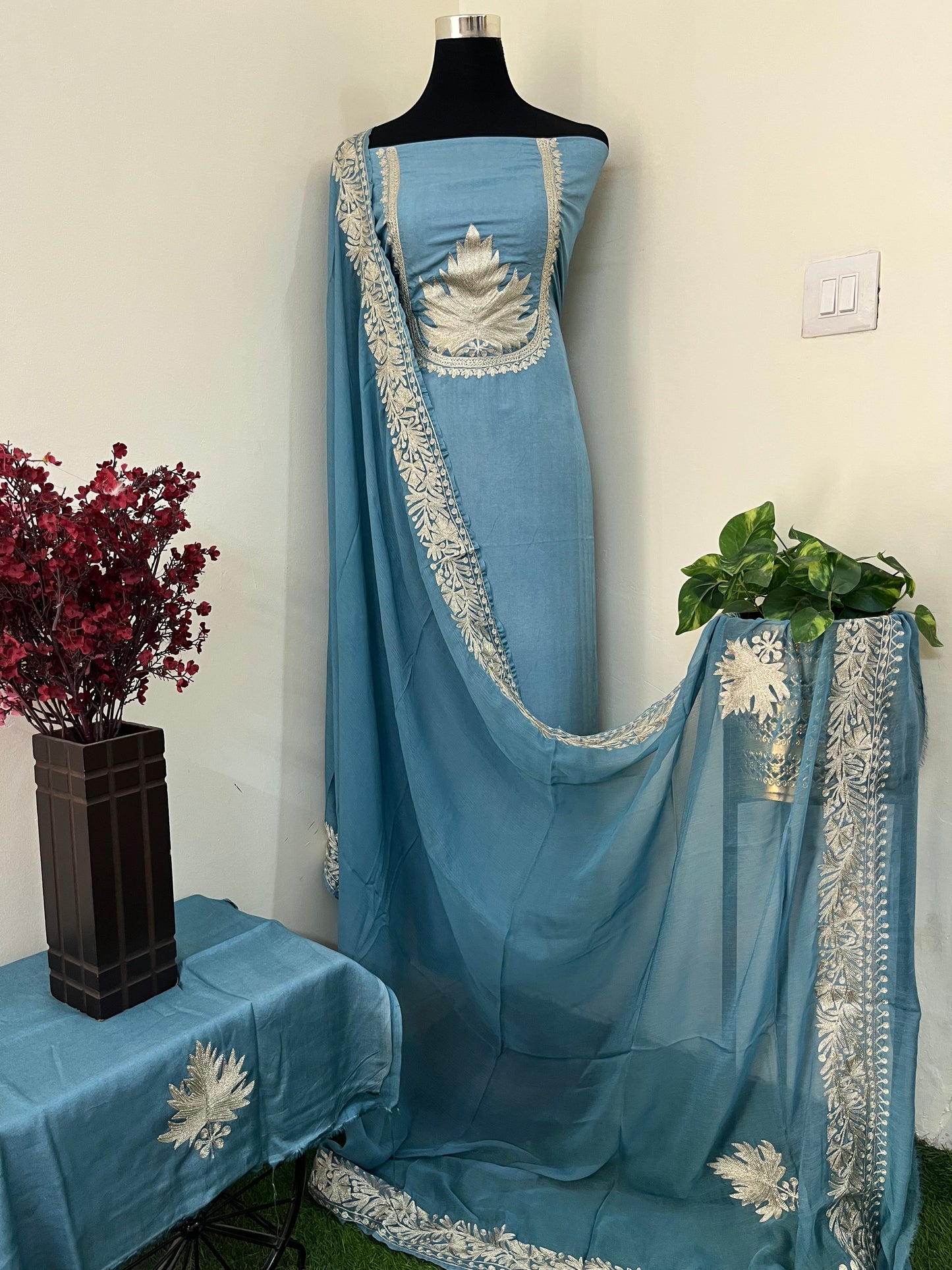 Sanam’  Pastel Blue Tilla Embroidered Suit material