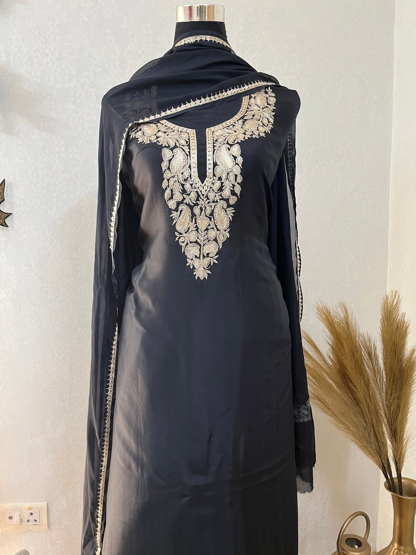 Black Silk Puff Tilla Embroidered Kashmiri Suit