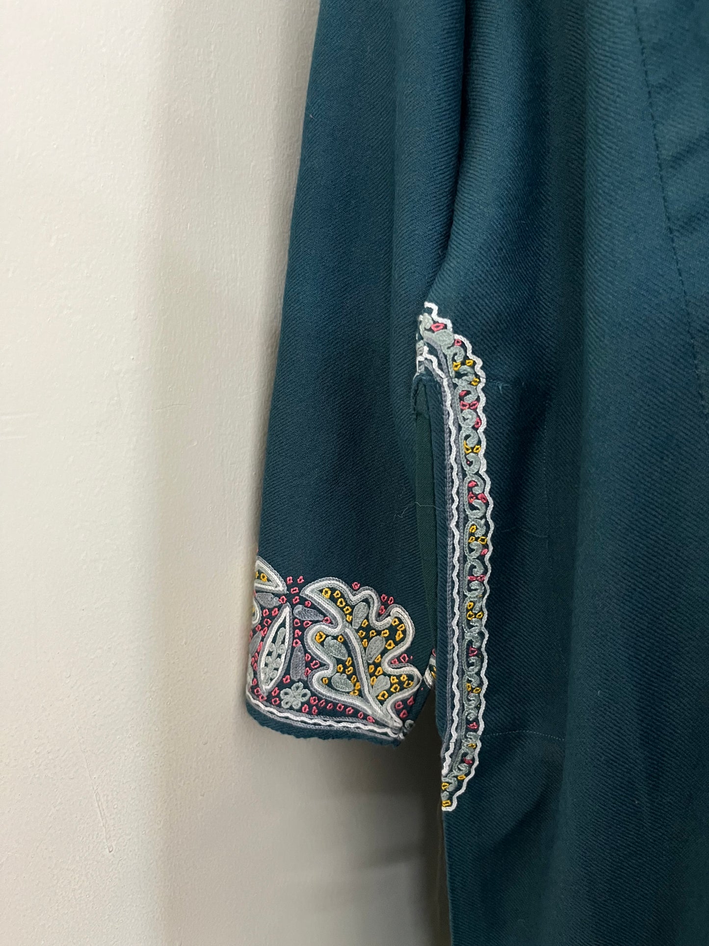 English Blue Aari and Sozni Hand Embroidered Pure Wool Pheran