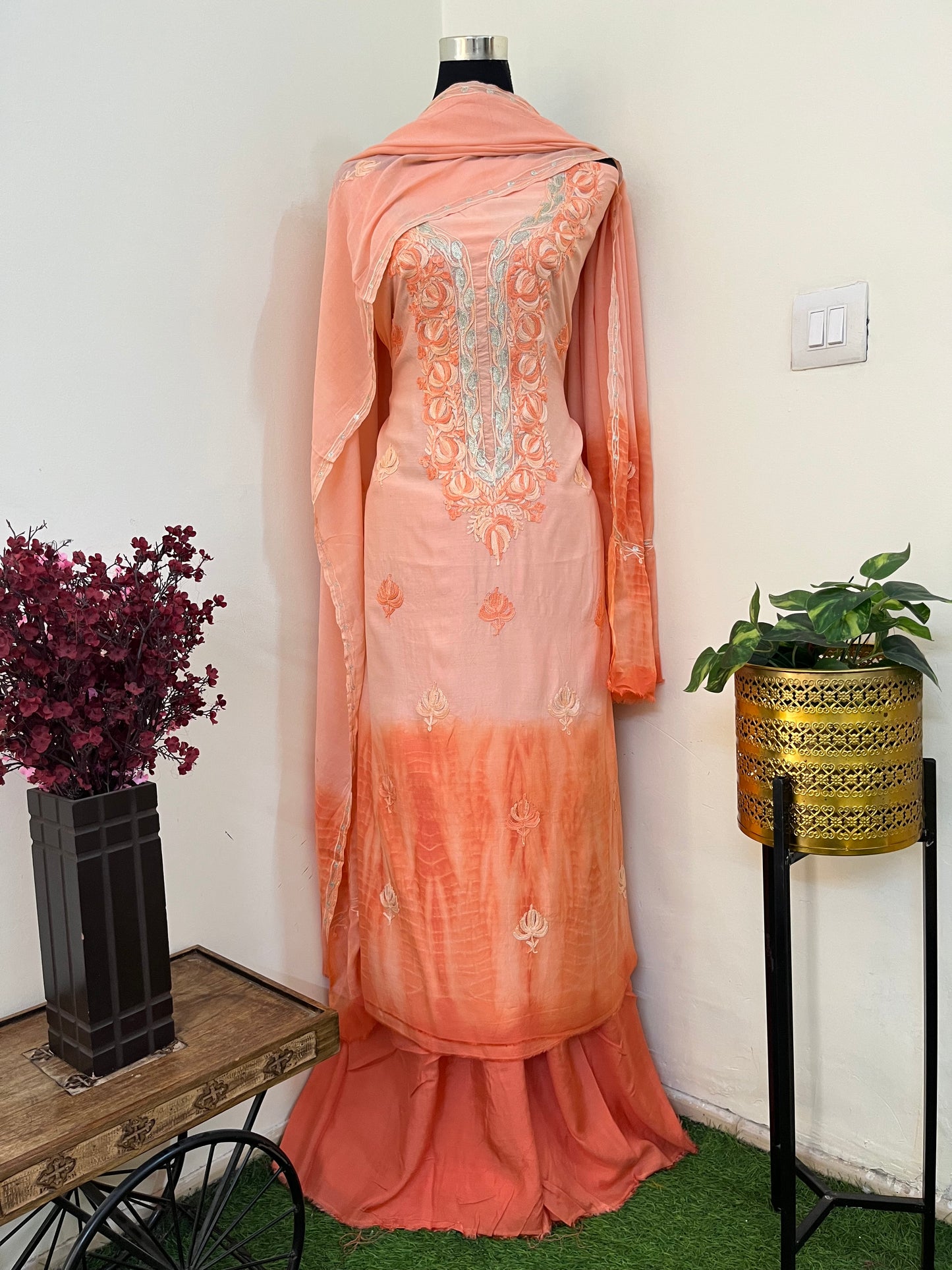 Soft Orange Mul Cotton Shibori Work Kashmiri 3pc Suit