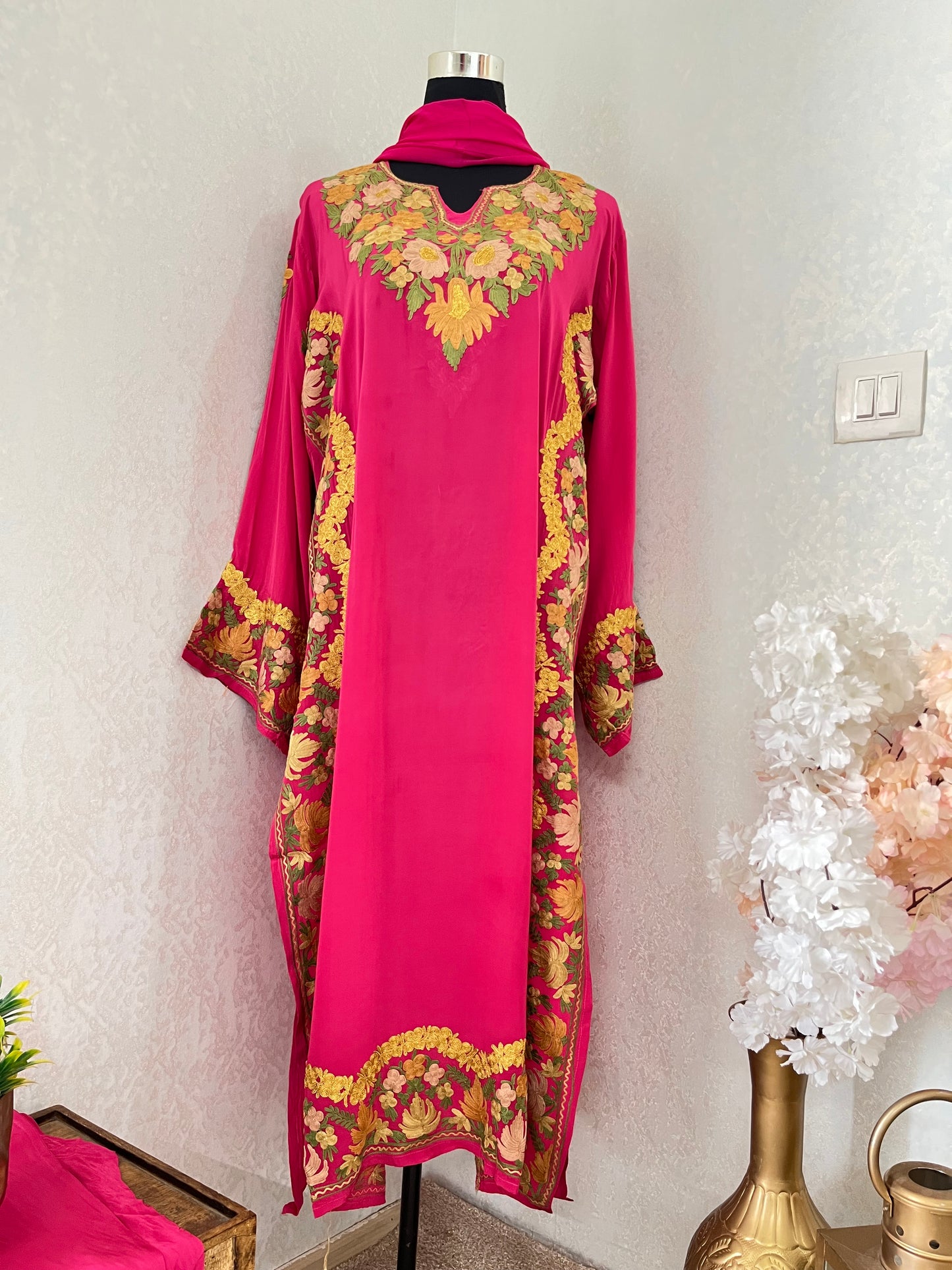 Hot Pink Stitched Crape Pheran Set with dupatta (44)