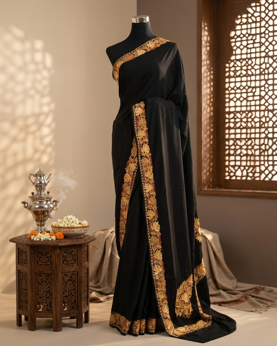 Black Crape Kashmiri Saree with Tilla Outline