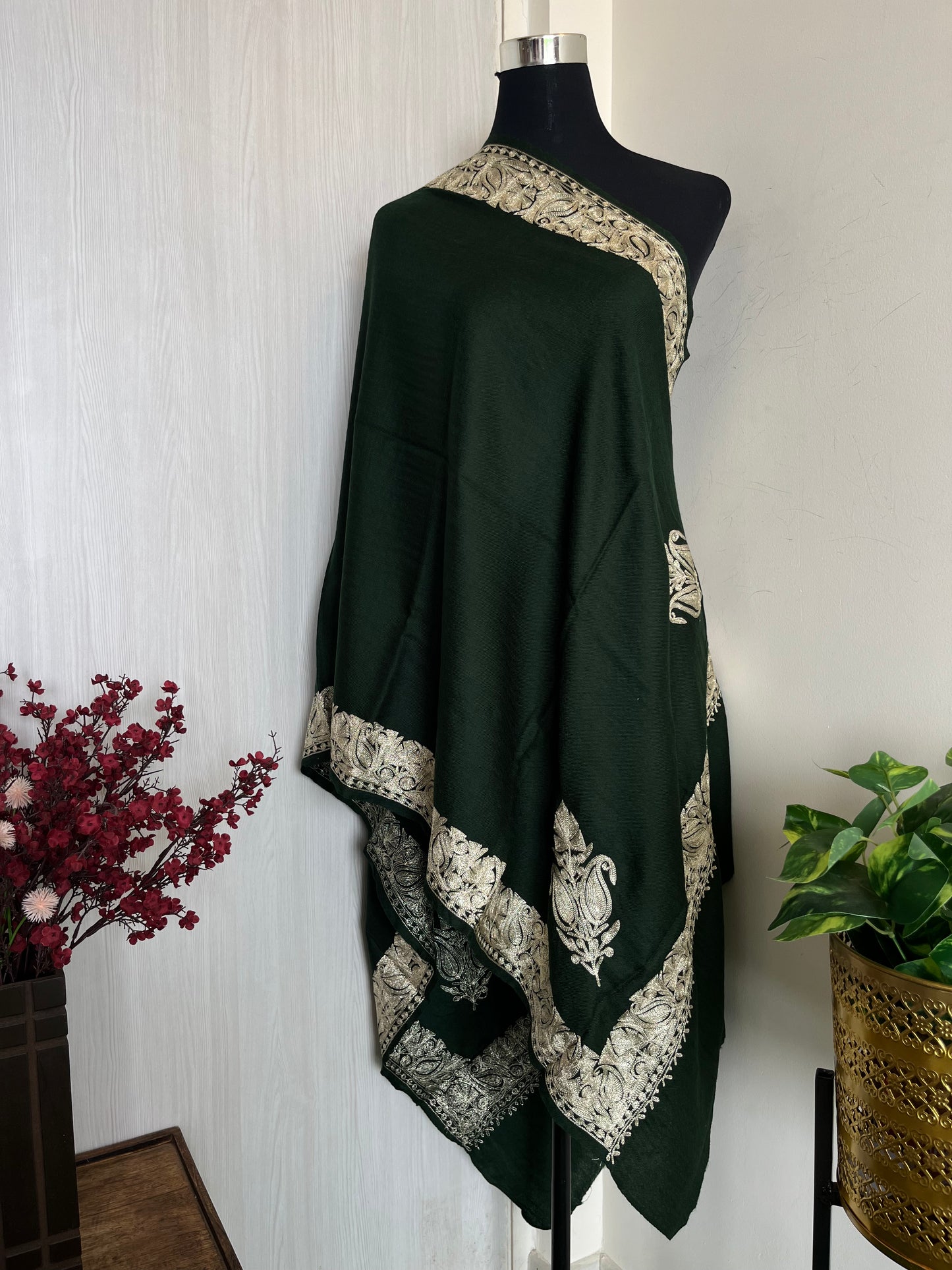 Bottle Green Fine Semi Pashmina Tilla Embroidered stole