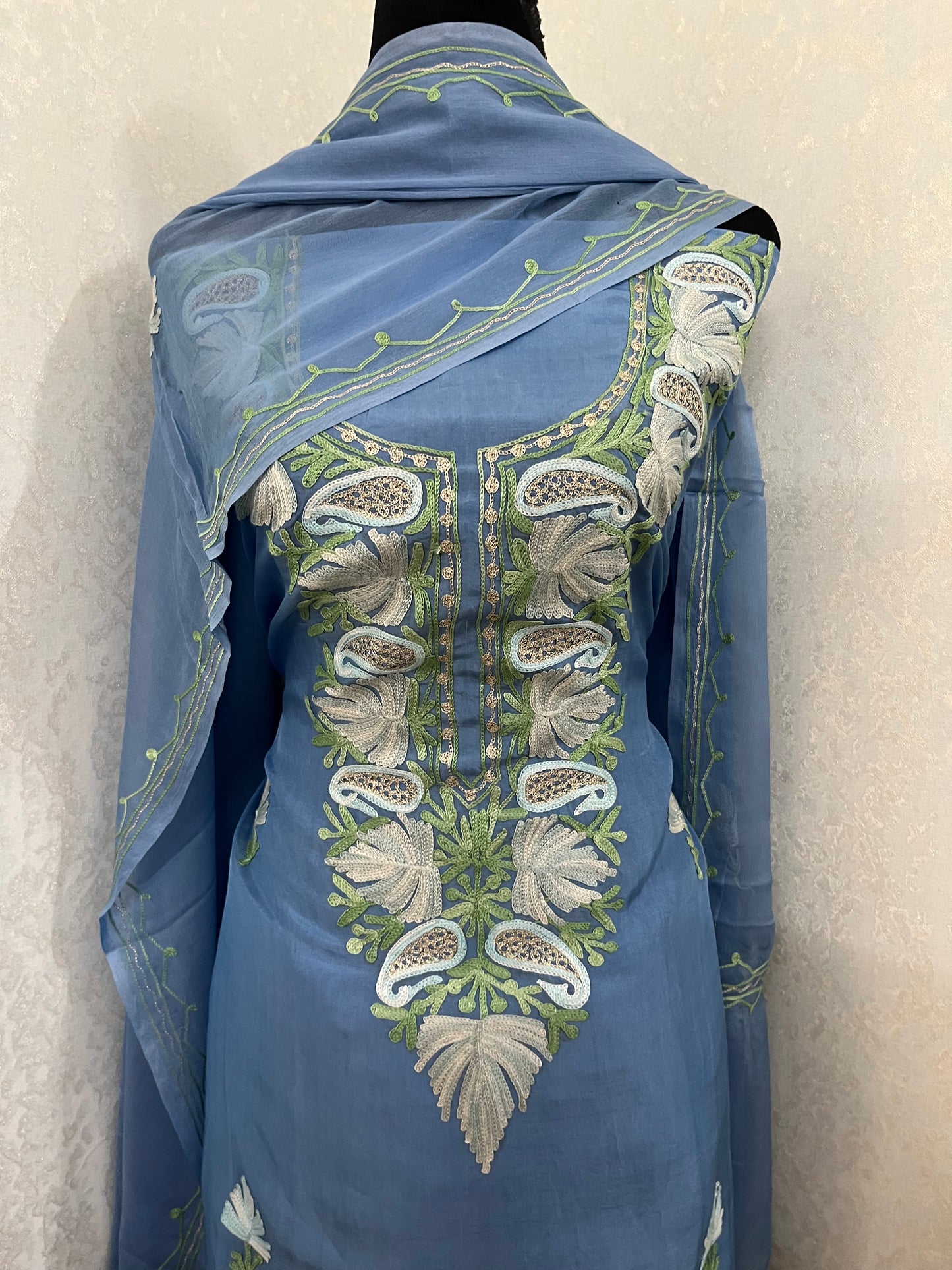 Soft Blue Opada Silk Kashmiri Suits