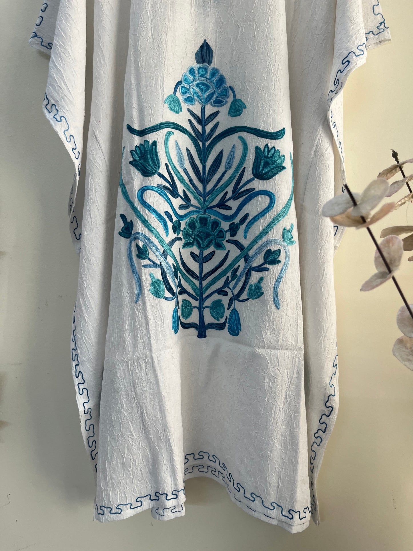 Crush Cotton White Aari embroidered Kaftan