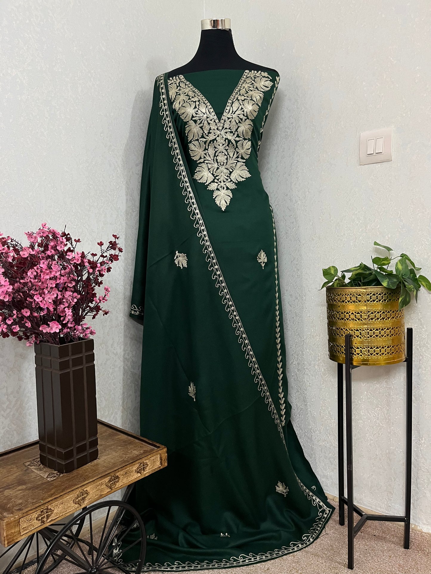 Bottle Green Tilla Embroidered 3pc Suit Stole