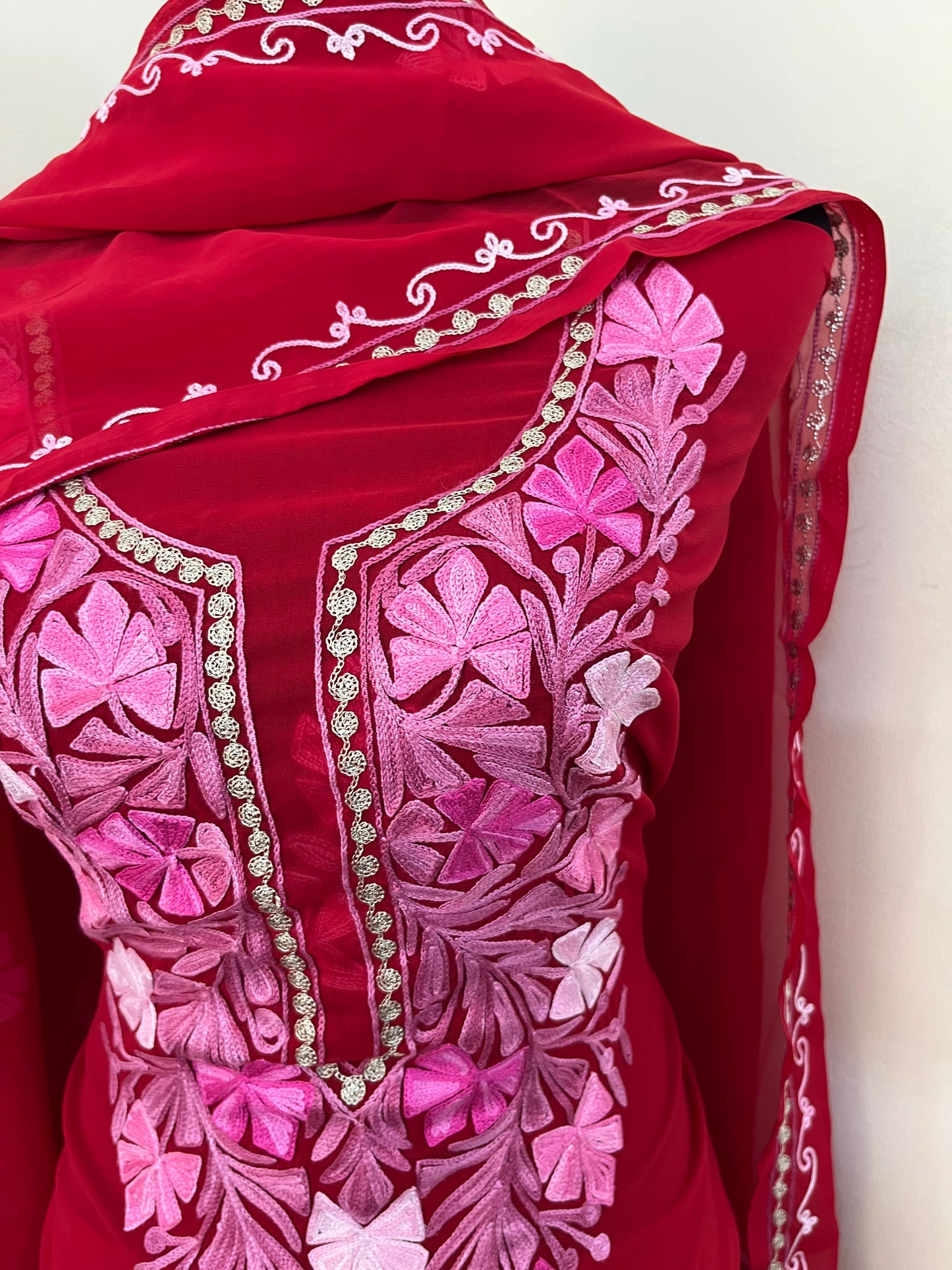 Red Georgette 3 Pc Aari Embroidered Suit Set