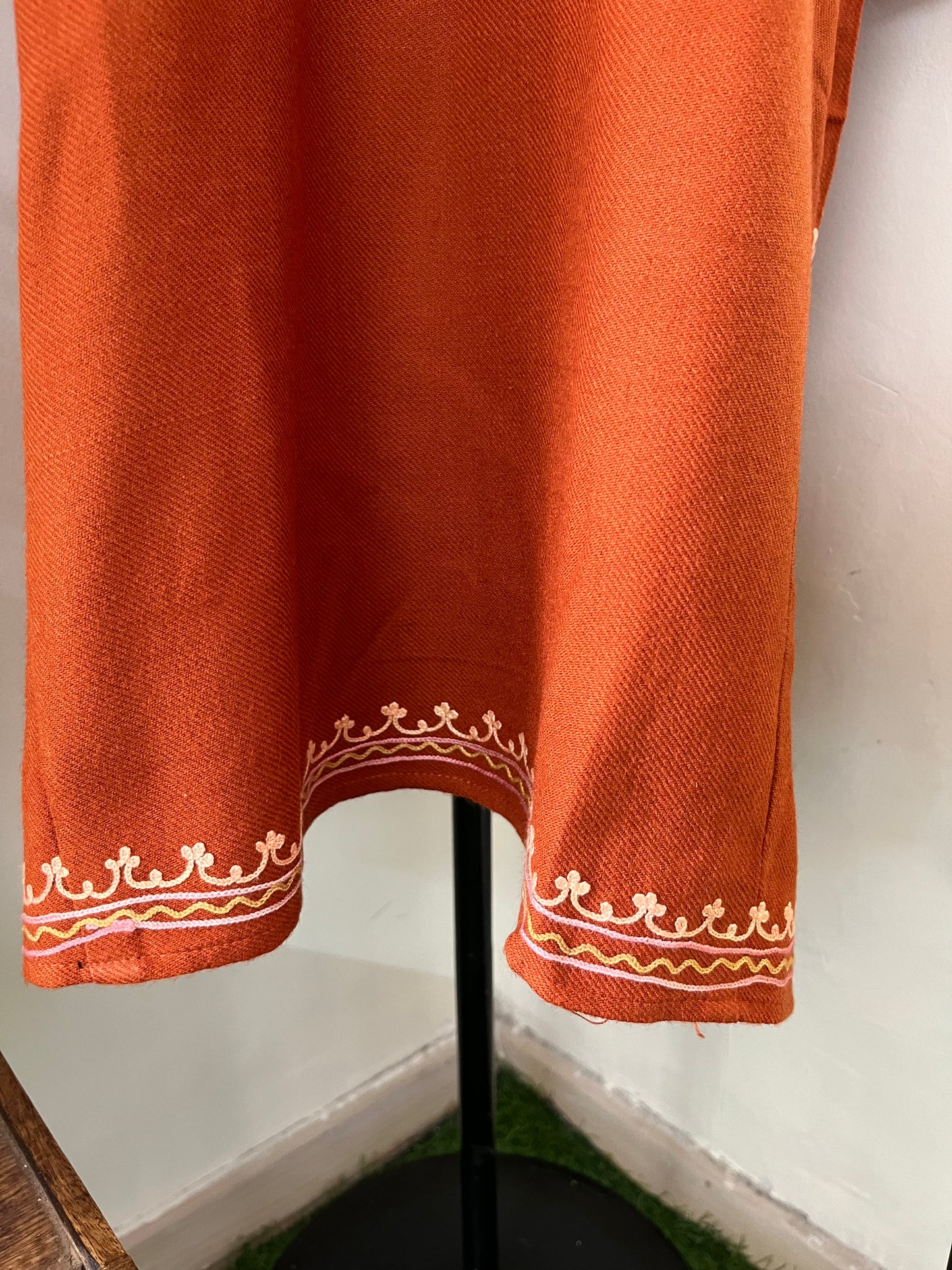 Orange Aari Embroidered Wool Pheran