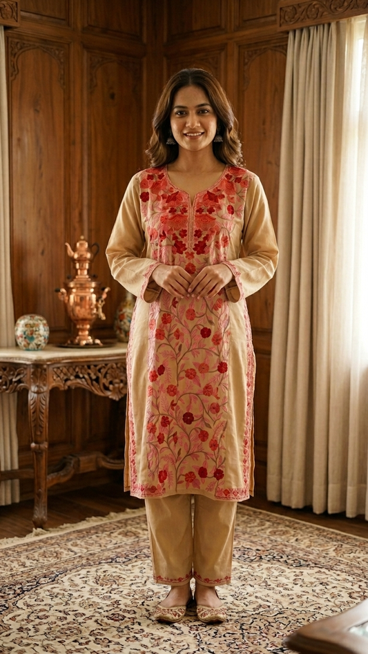 Beige Cotton Front Jaal Pheran Set Size (46)
