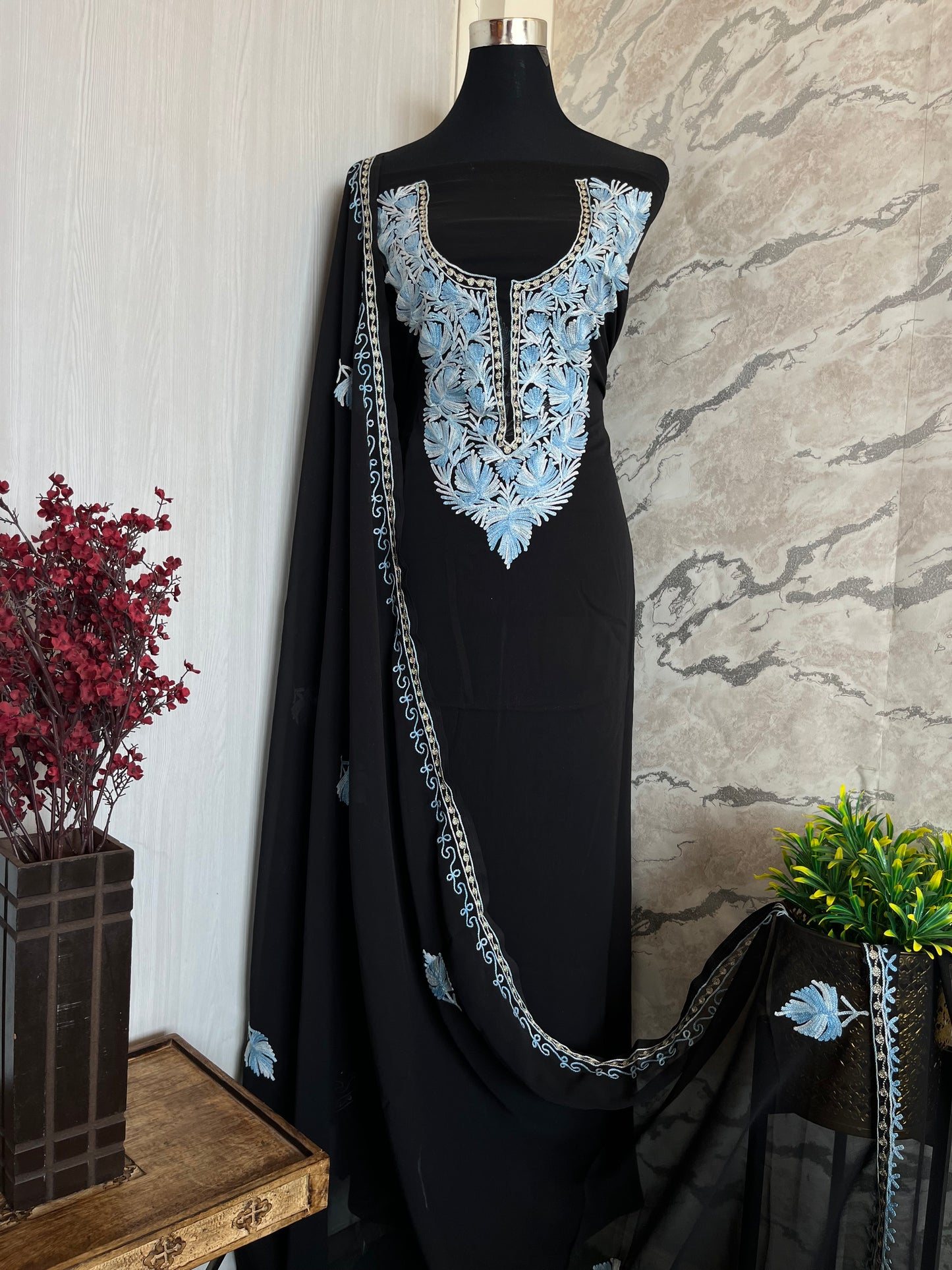 Black Georgette Shirt and Dupatta Aari Embroidered Suit