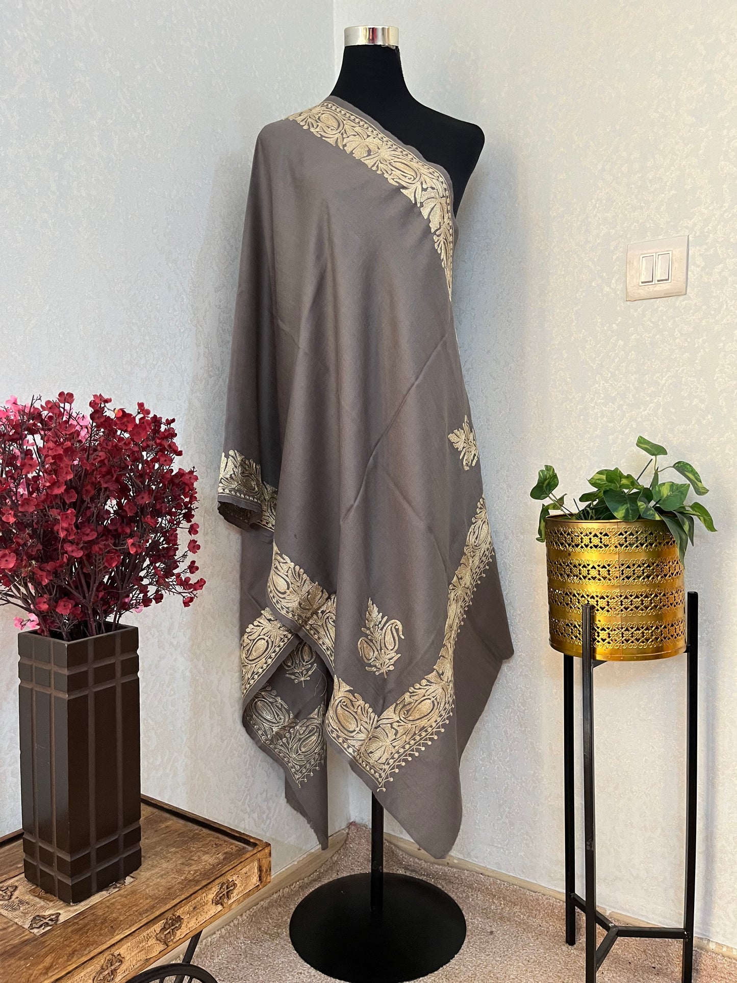 Grey Semi Pashmina Tilla Embroidered stole