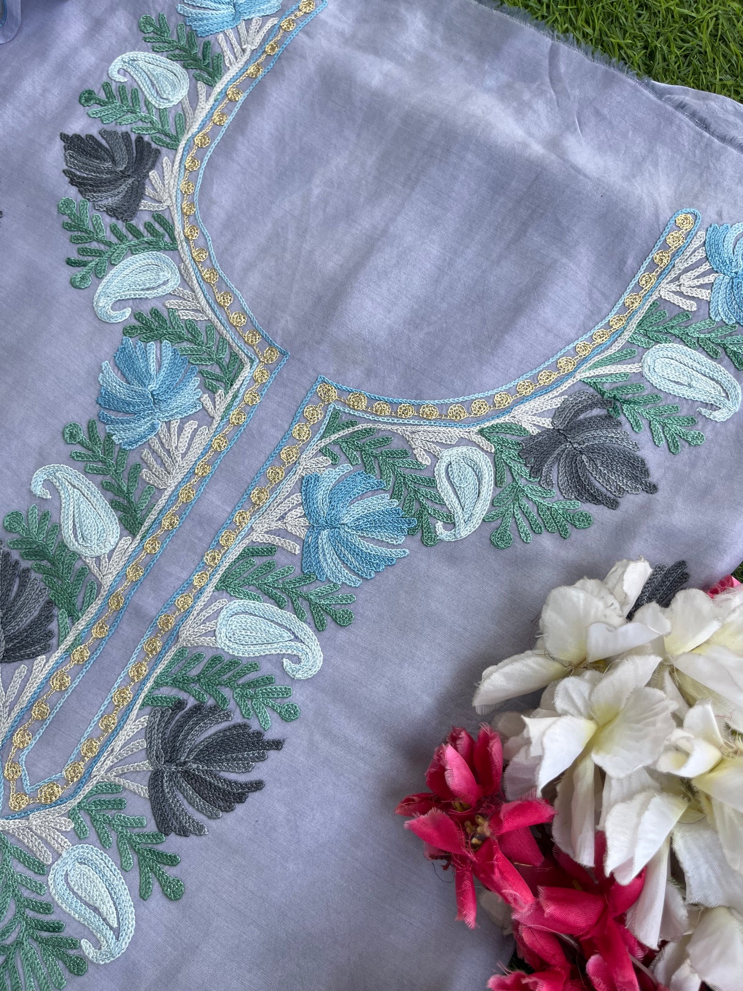 English Grey Muslin Cotton Jaal Sleeves Kashmiri 3pc Suit