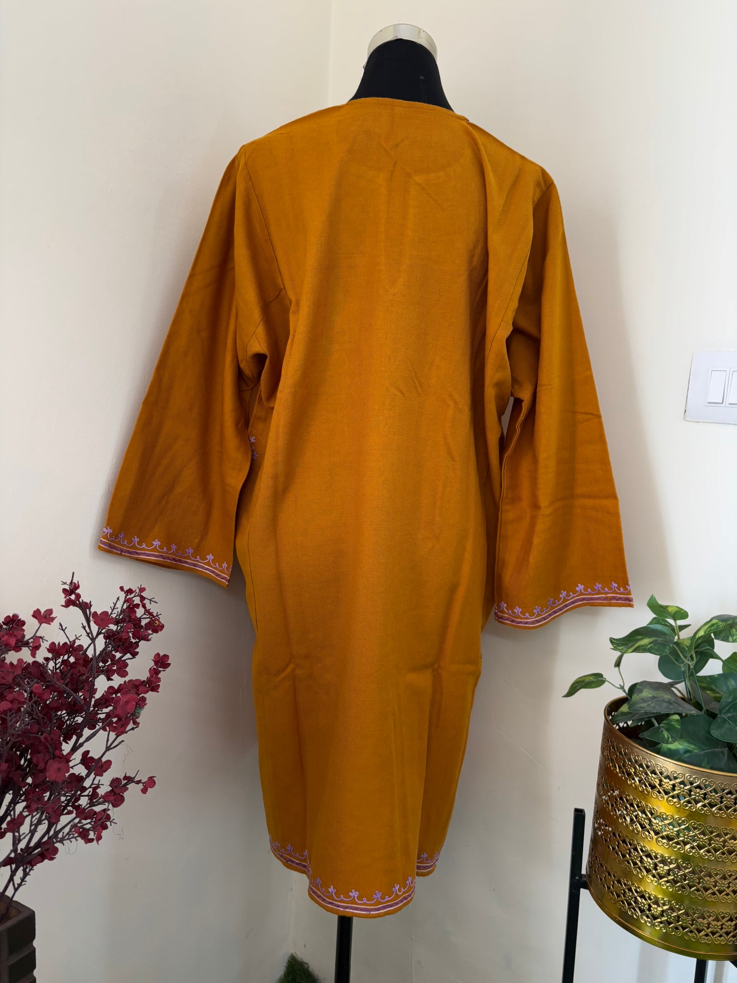 Mustard Yellow Aari Embroidered Wool Pheran