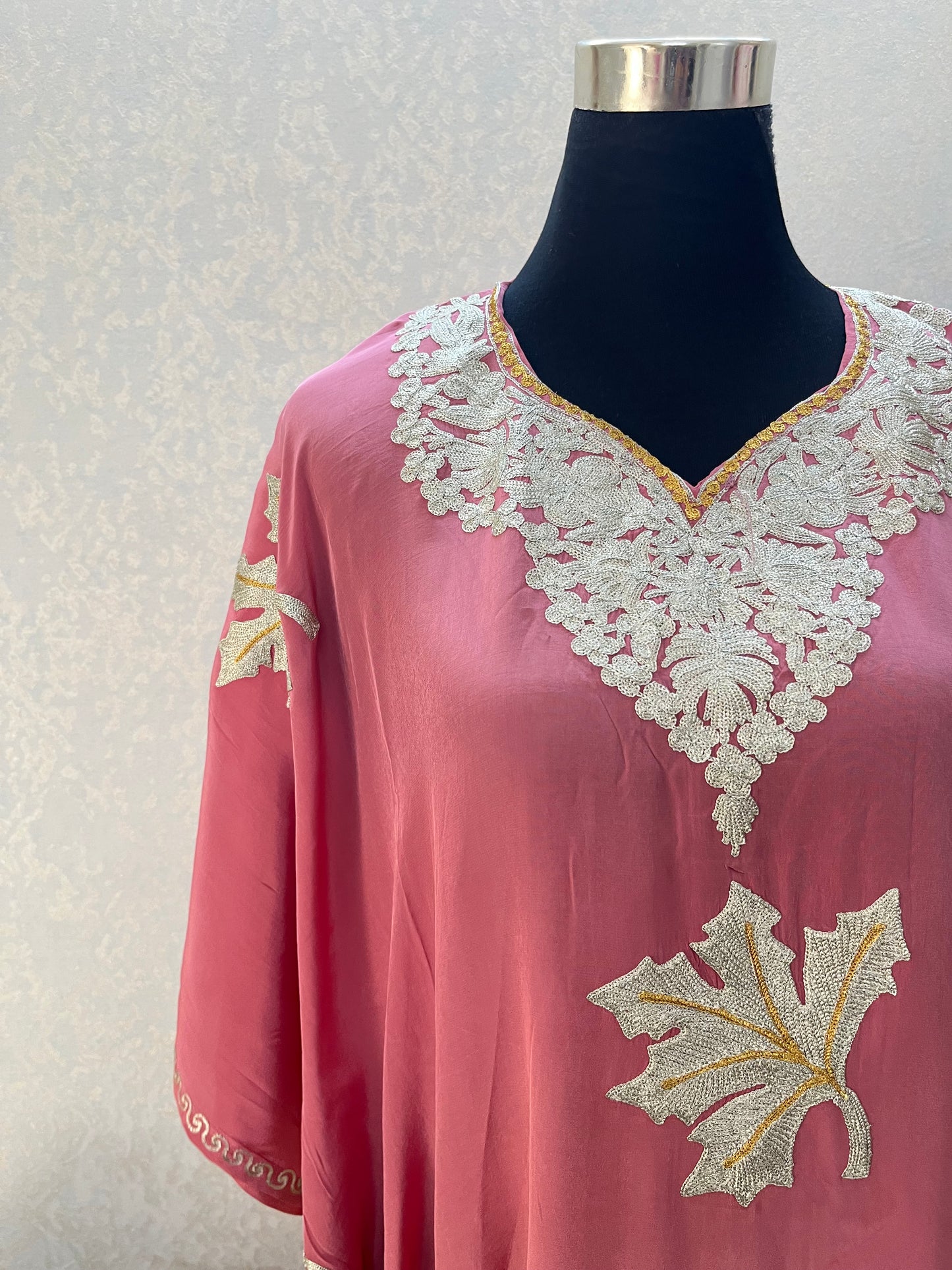 Onion Pink Crape Kashmiri Kaftan Set
