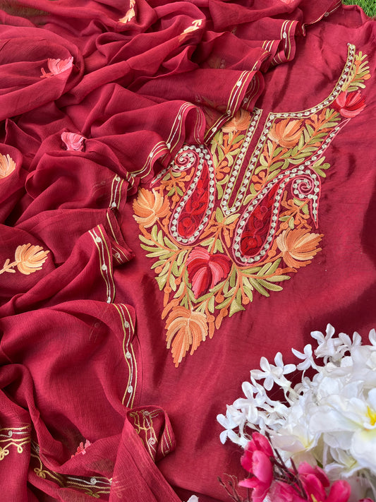 Maroon Opada Silk Aari Embroidered Suit material