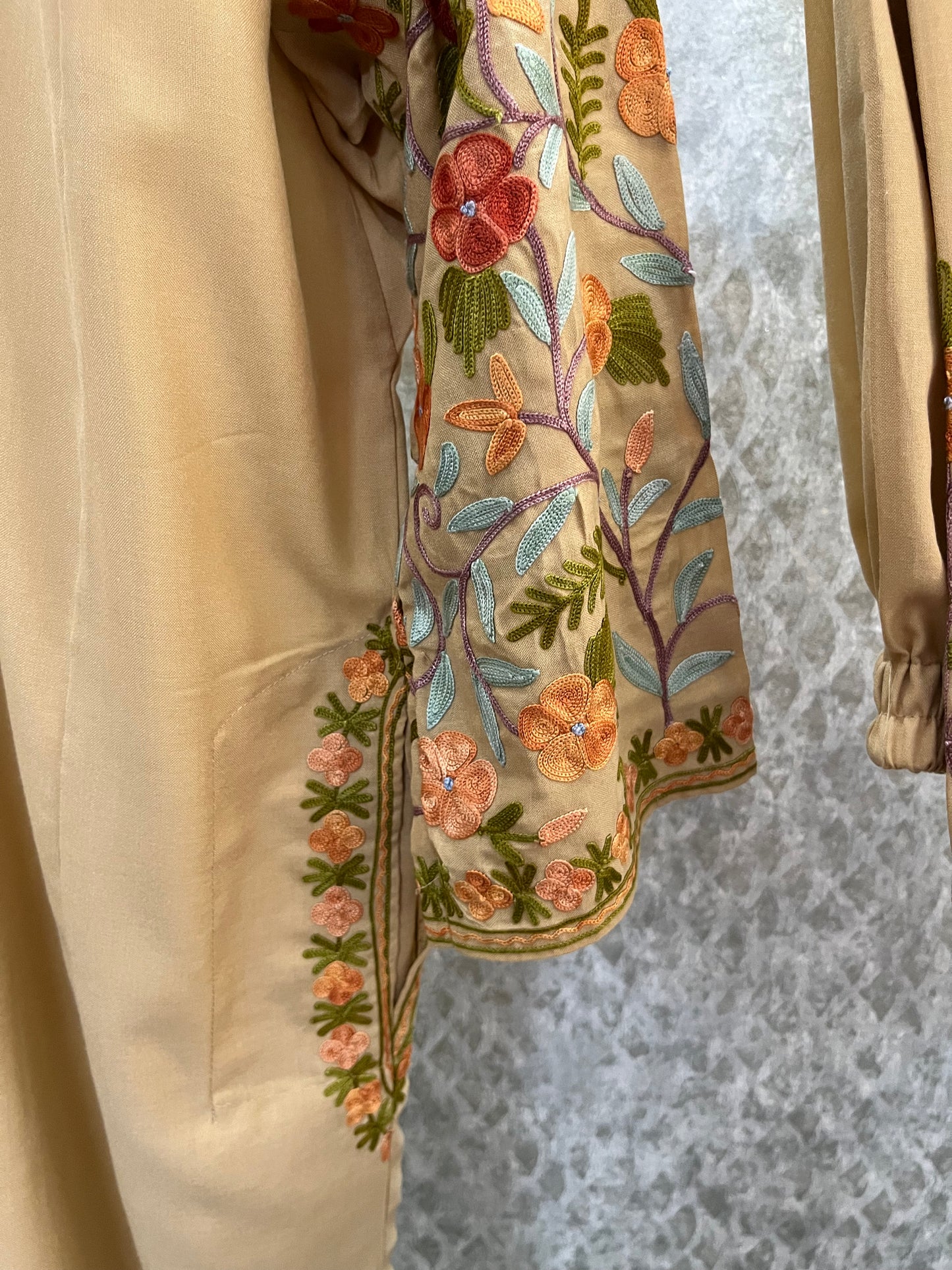 Beige Cotton Arm Jaal Pheran Set