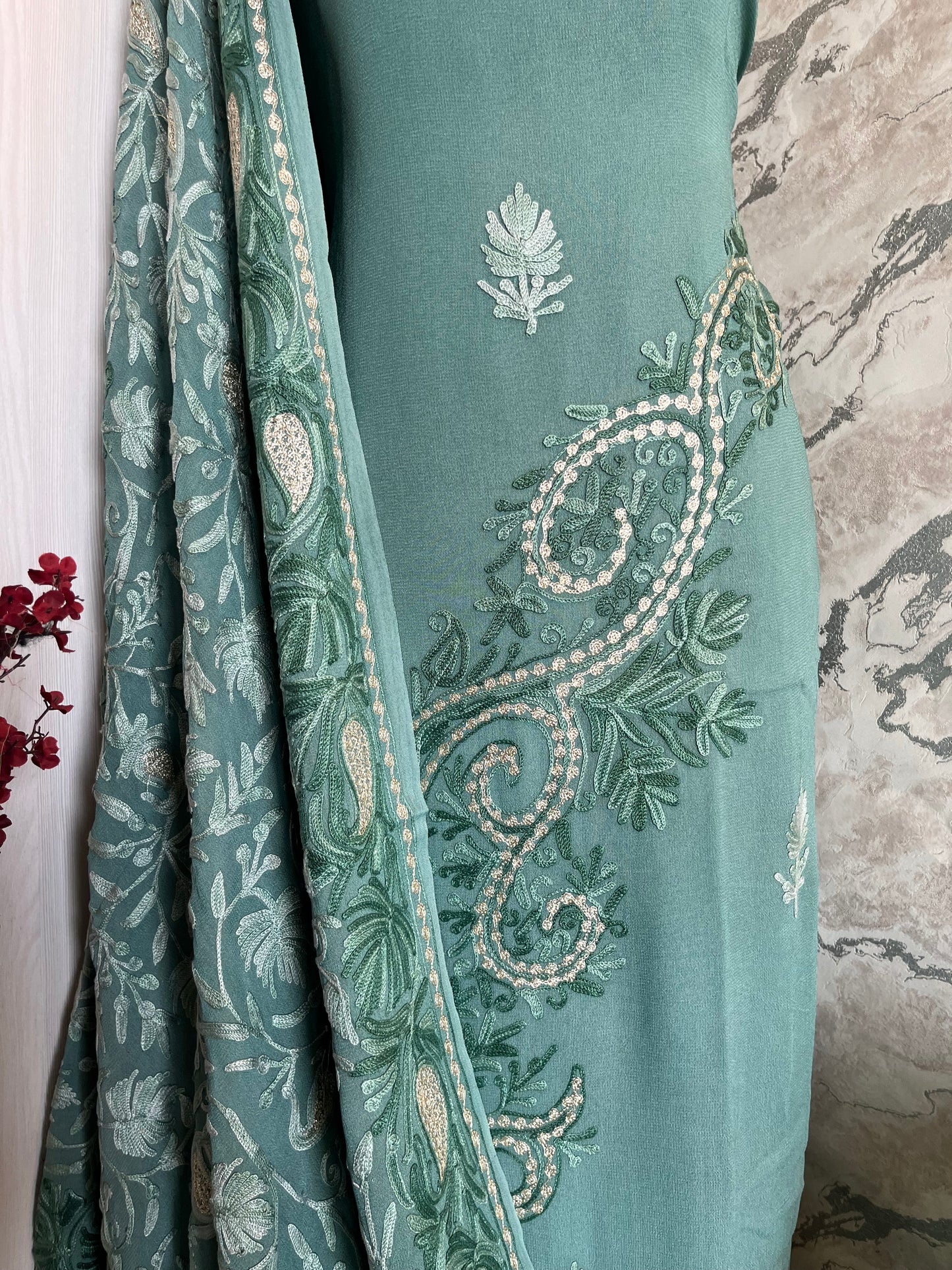 Pastel Green Pure Georgette Aari Embroidered Suit