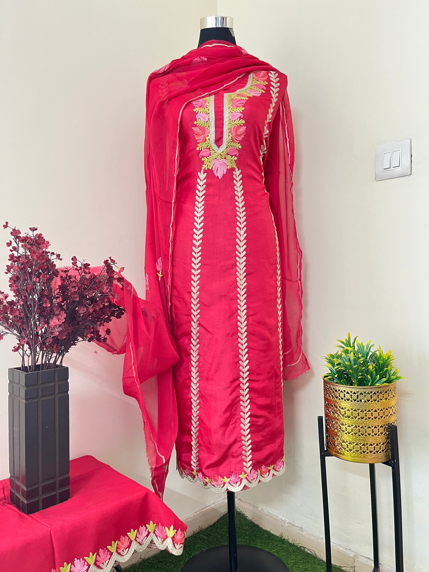 Sanam’ Coral Red Silk Aari Embroidered Suit material