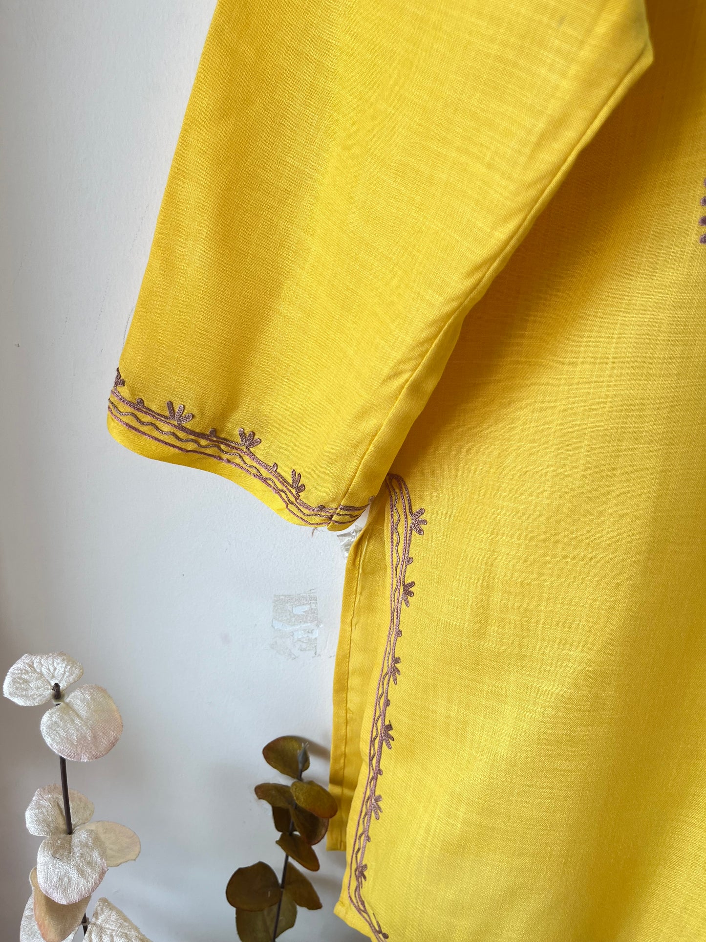 Yellow Cotton Aari Work Kurta