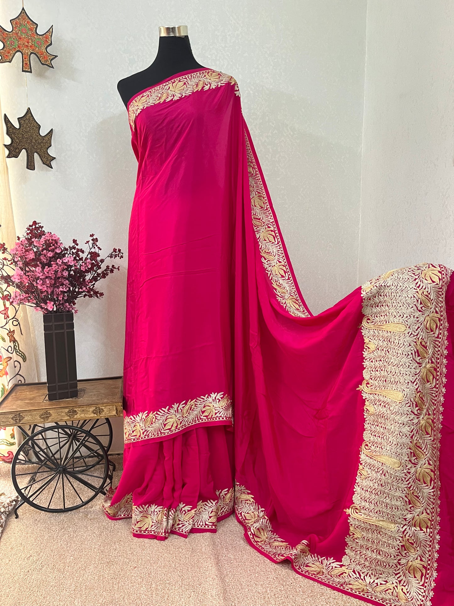 Hot Pink Crape Kashmiri Tilla Saree