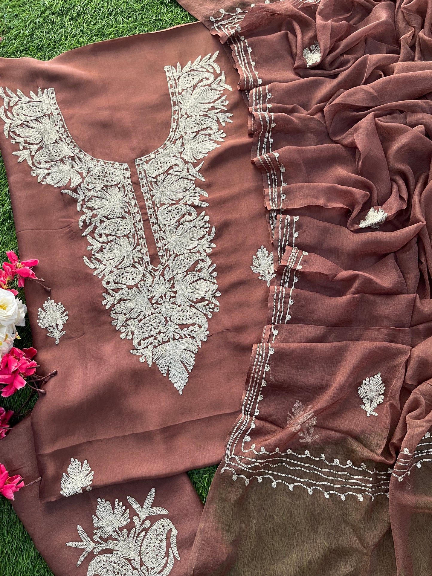 Coffee Brown Silk Tilla Kashmiri Suit