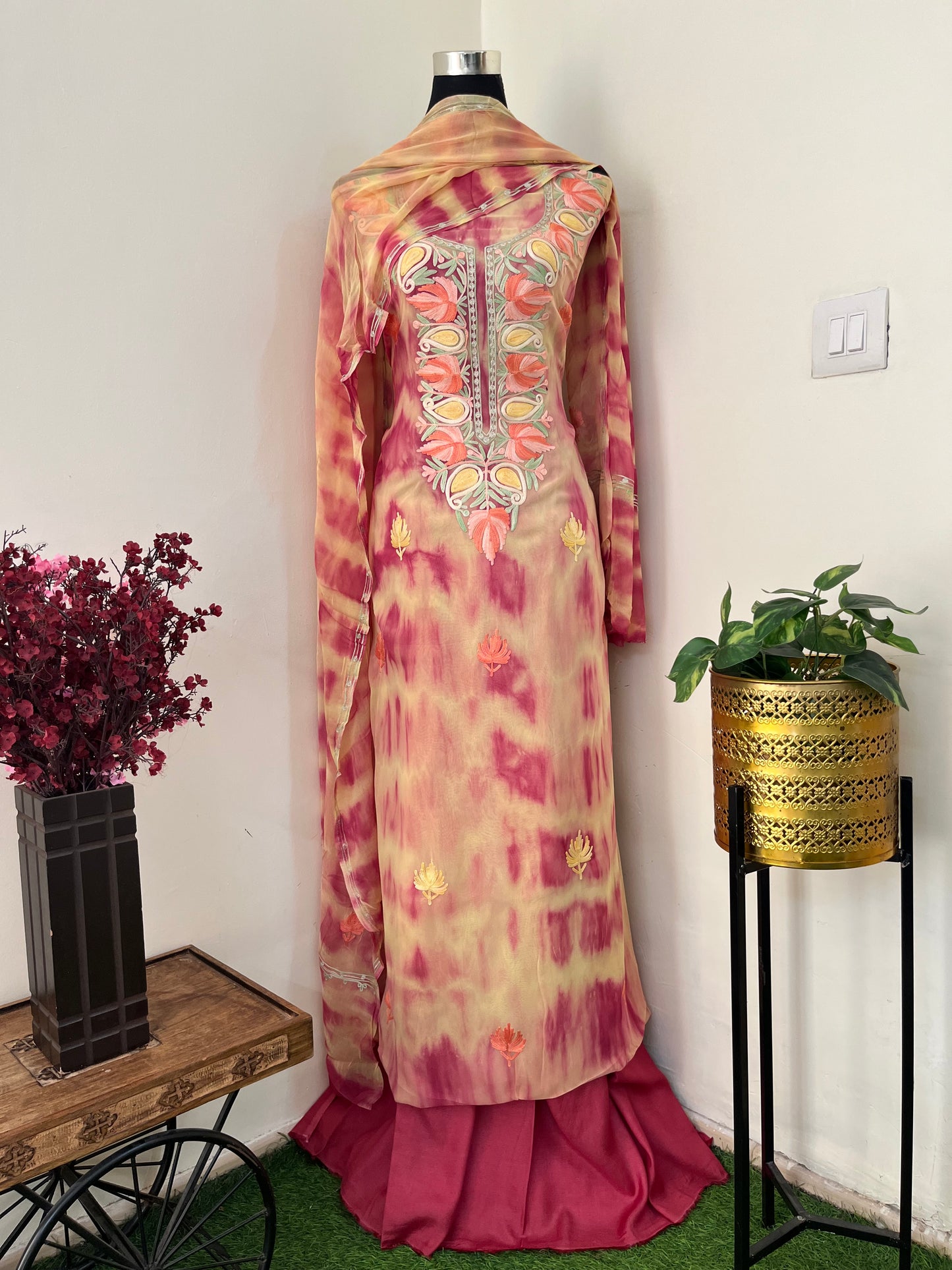 Yellow Pink Pure Georgette Ty Dy Kashmiri Suit
