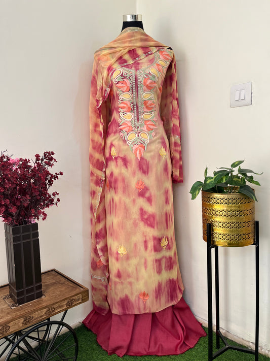 Yellow Pink Pure Georgette Ty Dy Kashmiri Suit