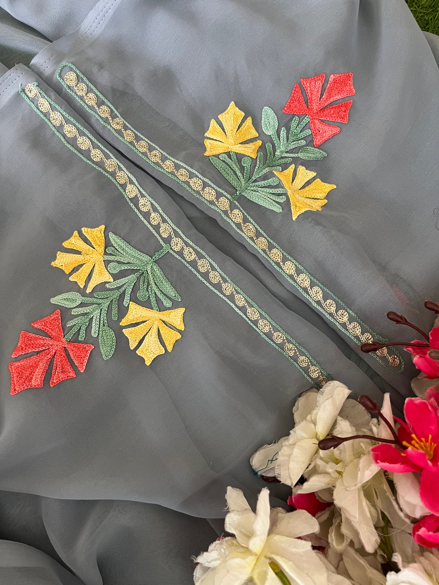 Steel Grey Georgette 3 Pc Aari Embroidered Suit Set