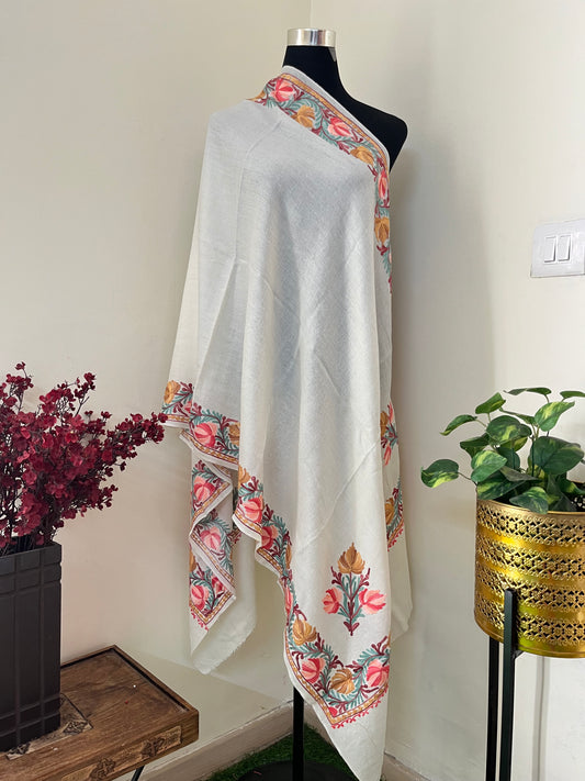 Cream Fine Semi Pashmina Aari Embroidered stole