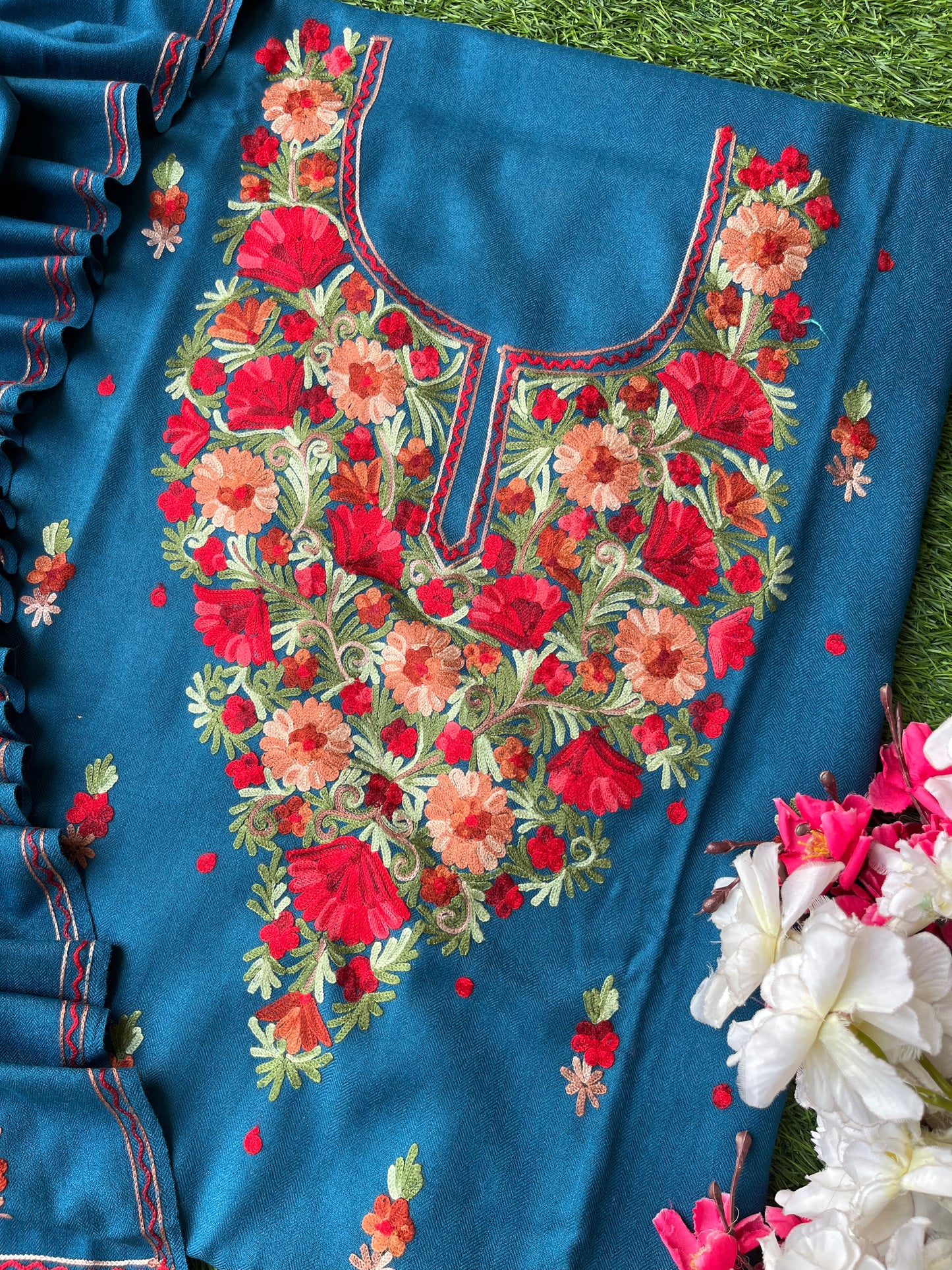 Peacock Blue Woollen Aari Embroidered 3pc suit