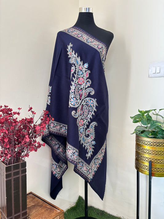 Blue Silk Thread Ambi Aangan Embroidered Fine Semi Pashmina stole