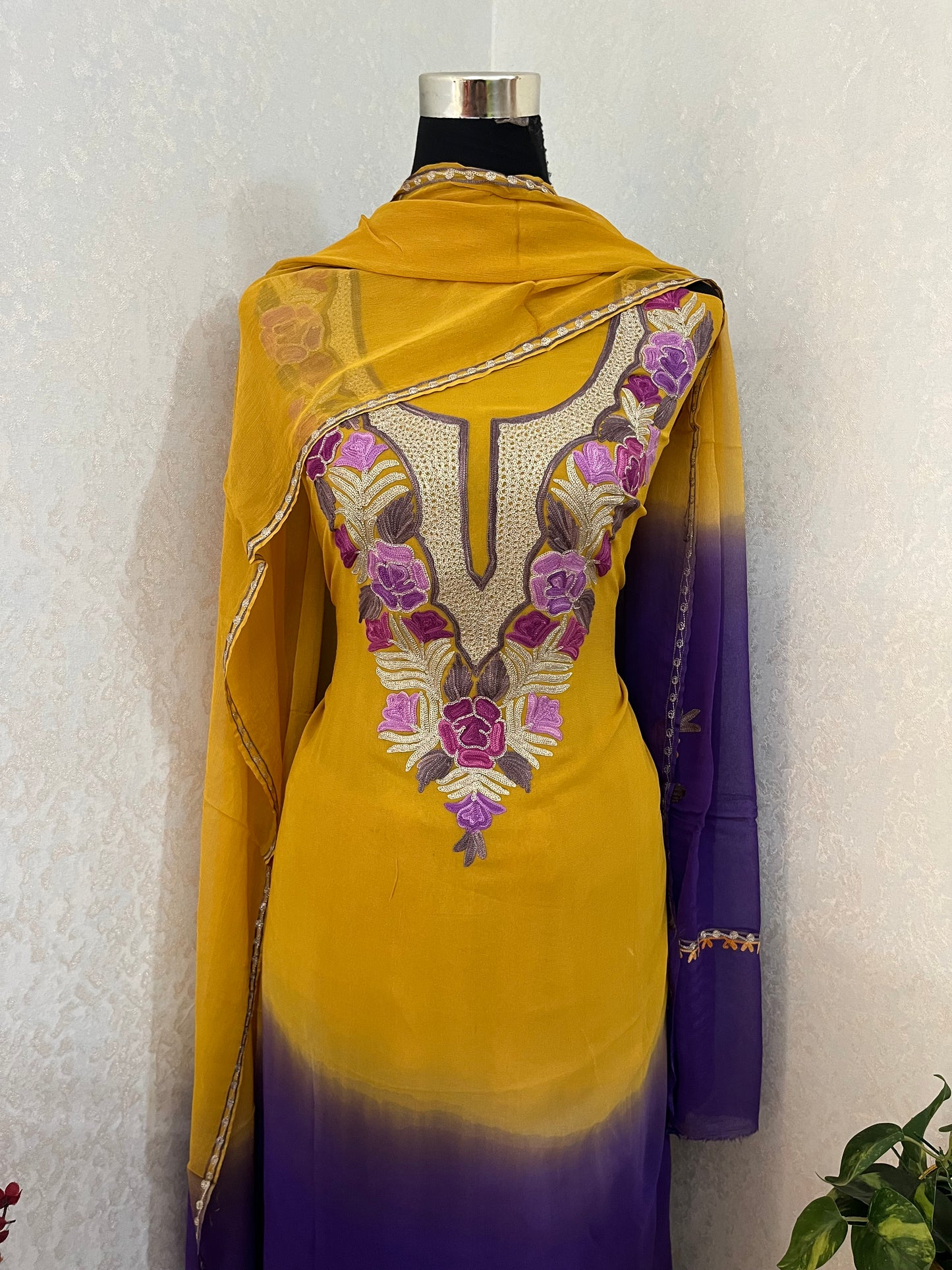 Yellow Pure Georgette Double Shade Kashmiri Suit