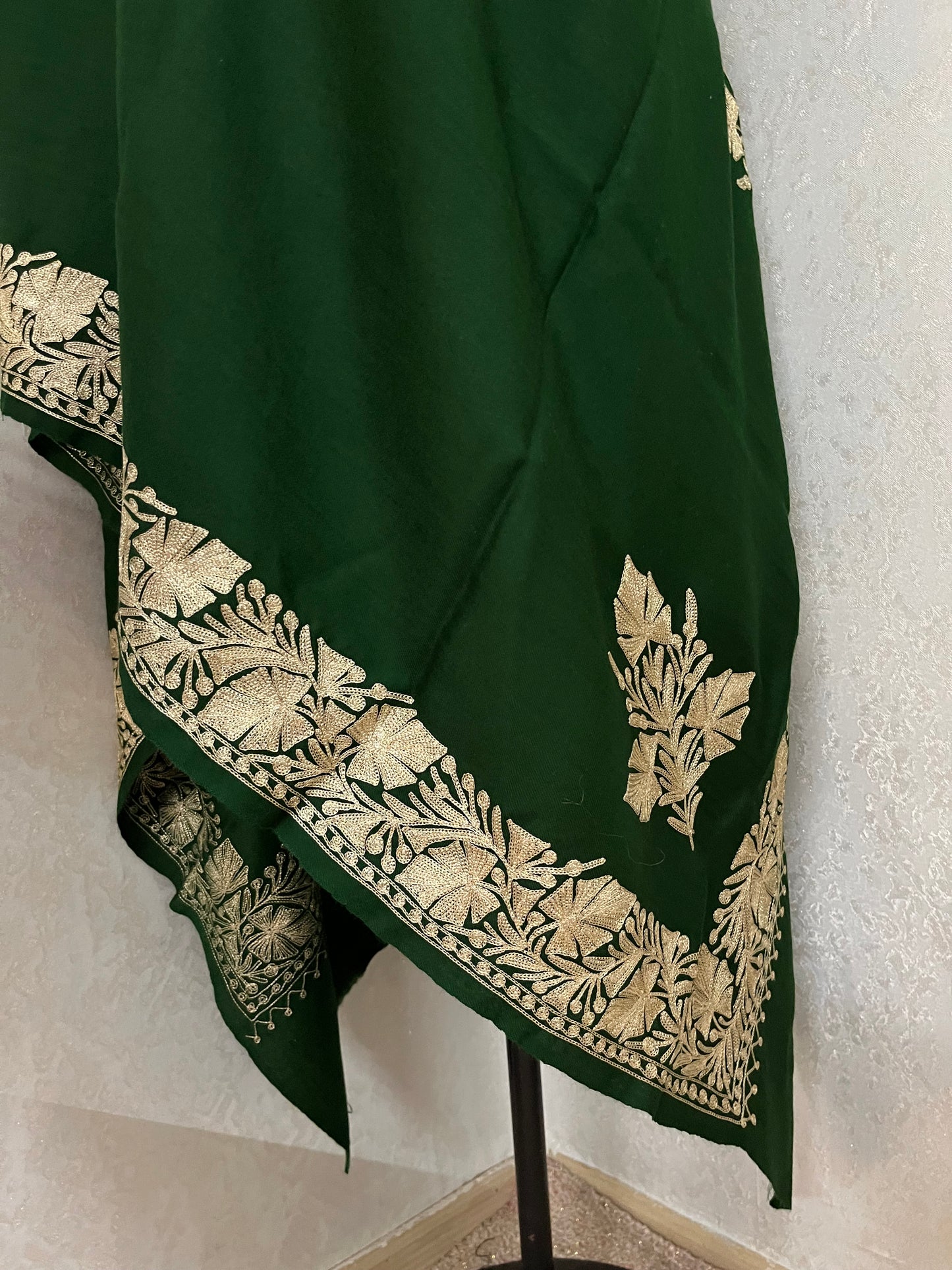 Bottle Green Semi Pashmina Tilla Embroidered stole