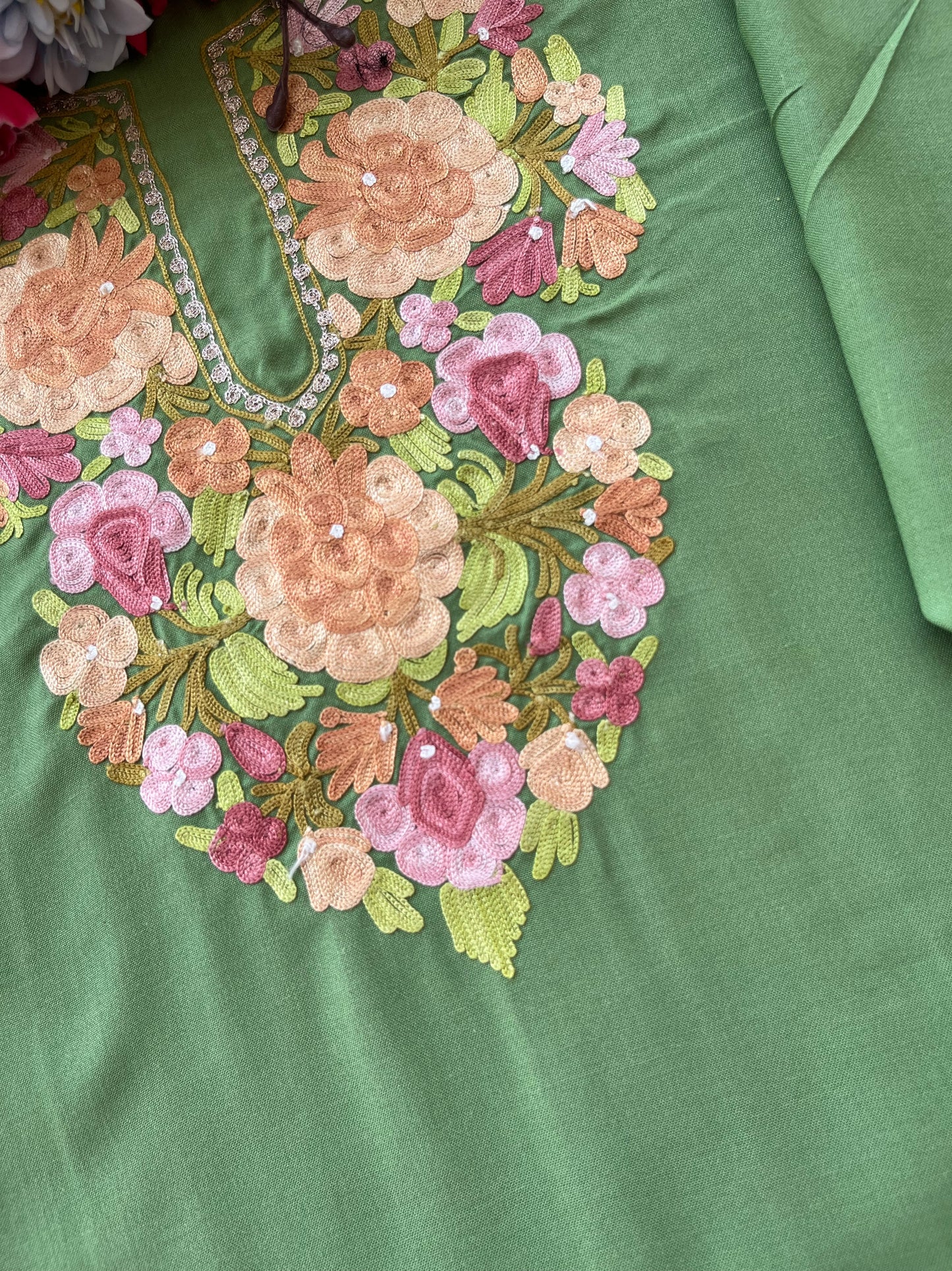 Pastel Green Aari Embroidered Cotton Suit Set