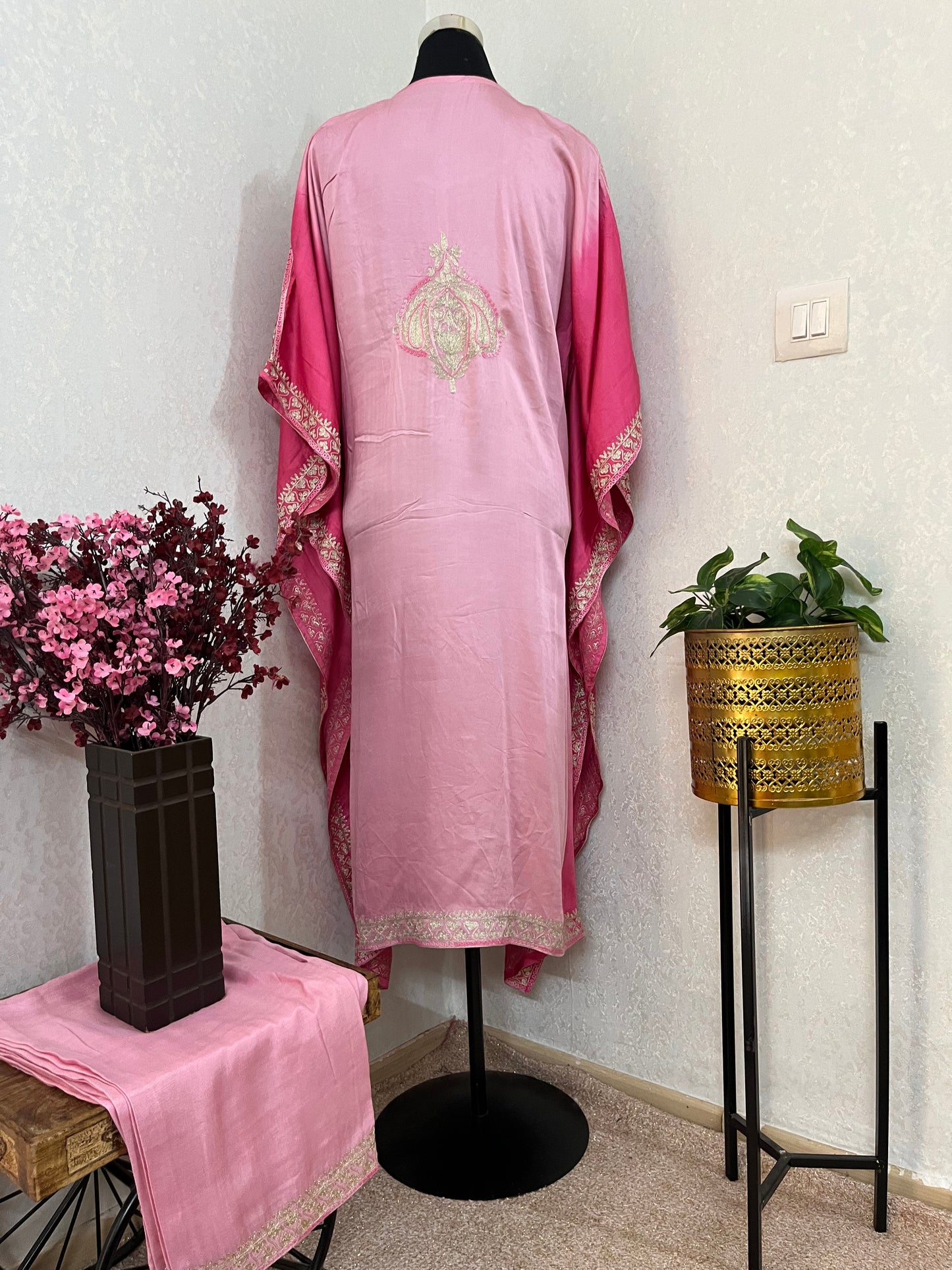 Pink Pure Crape Kashmiri Kaftan