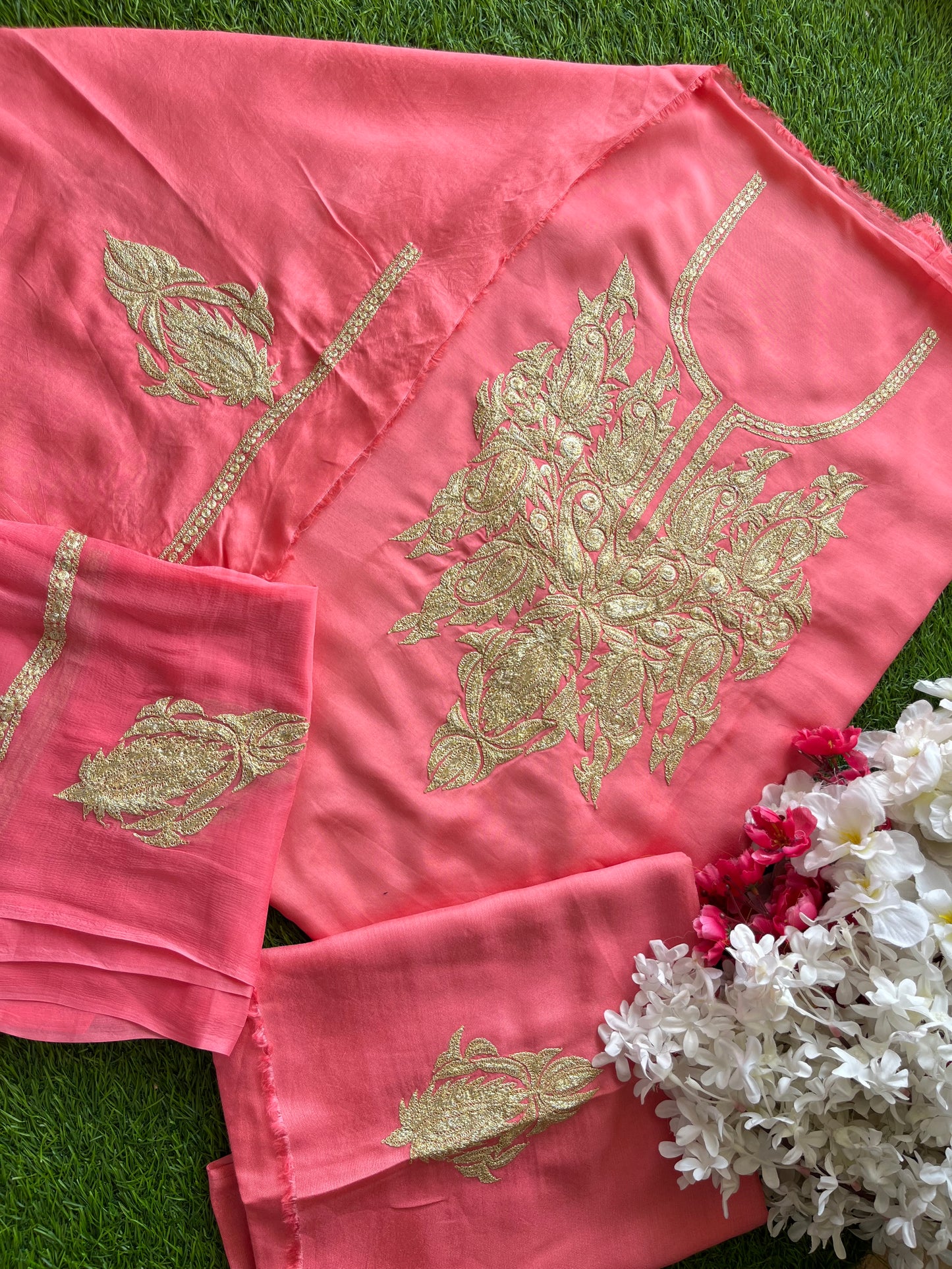 ‘Kalaa’ Peach Muslin Silk Tilla Embroidered Suit material