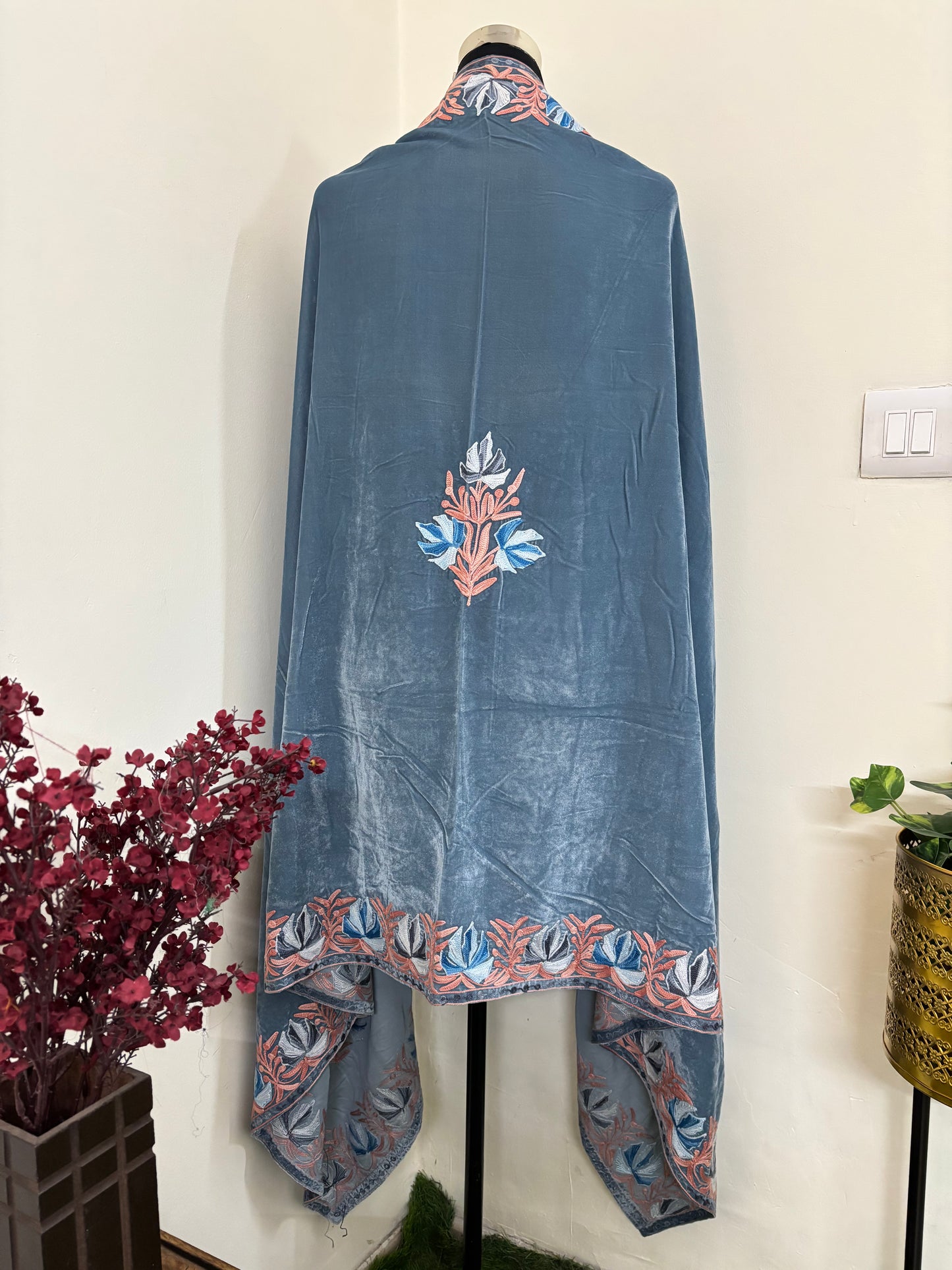 Grey Aari Embroidered Velvet Cape