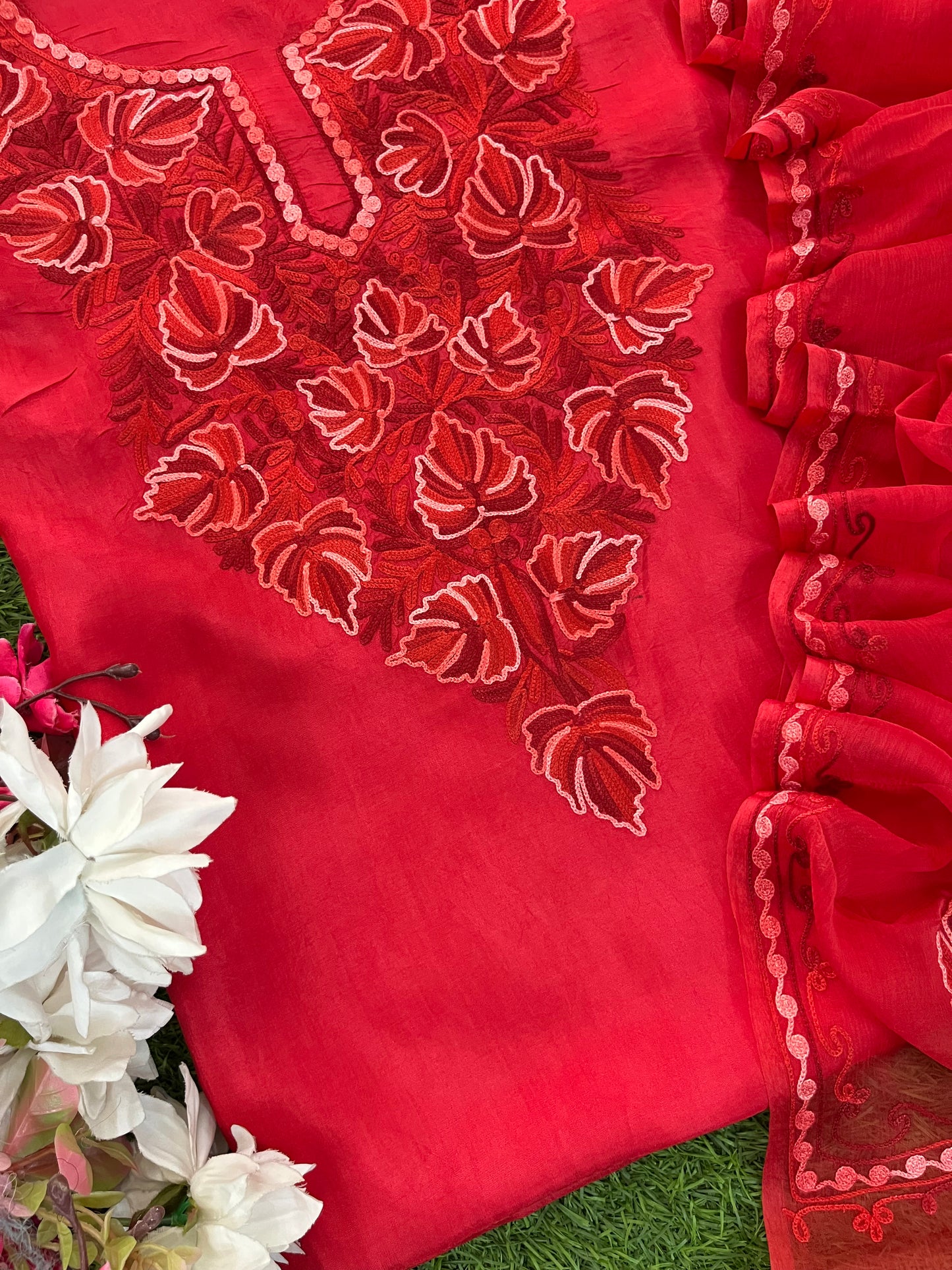 Red Opada Silk Kashmiri Suit