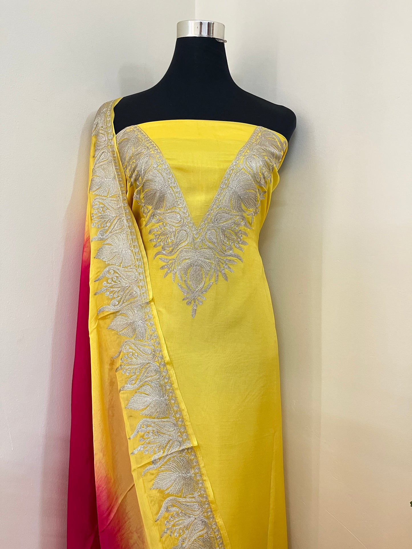 Sanam Musk Yellow Silk Kashmiri Suit